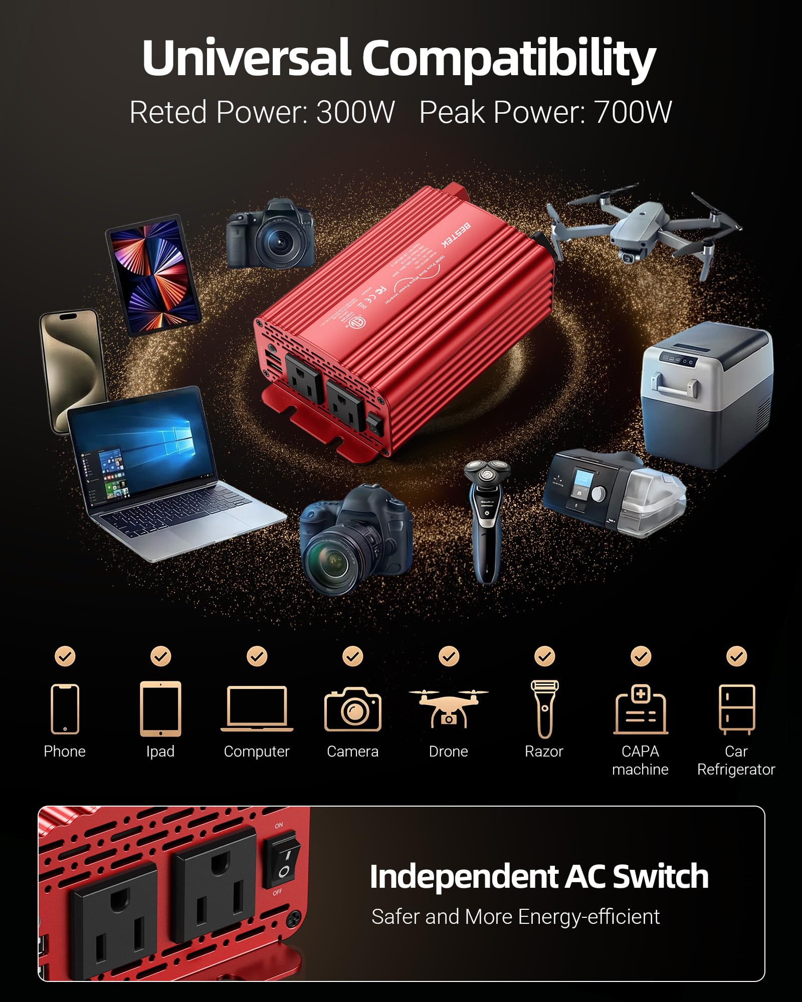 Amazon.co.jp: BESTEK インバーター 300W 正弦波 シガーソケット
