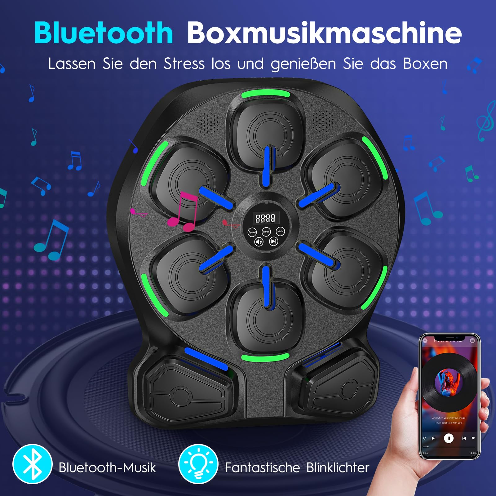 Music Boxing Machine mit LED, Bluetooth, 9 Geschwindigkeiten & Zählmodus | Elektronische Musik-Boxmaschine für Kinder & Erwachsene, interaktiver Boxtrainer für Training zu Hause & im Fitnessstudio