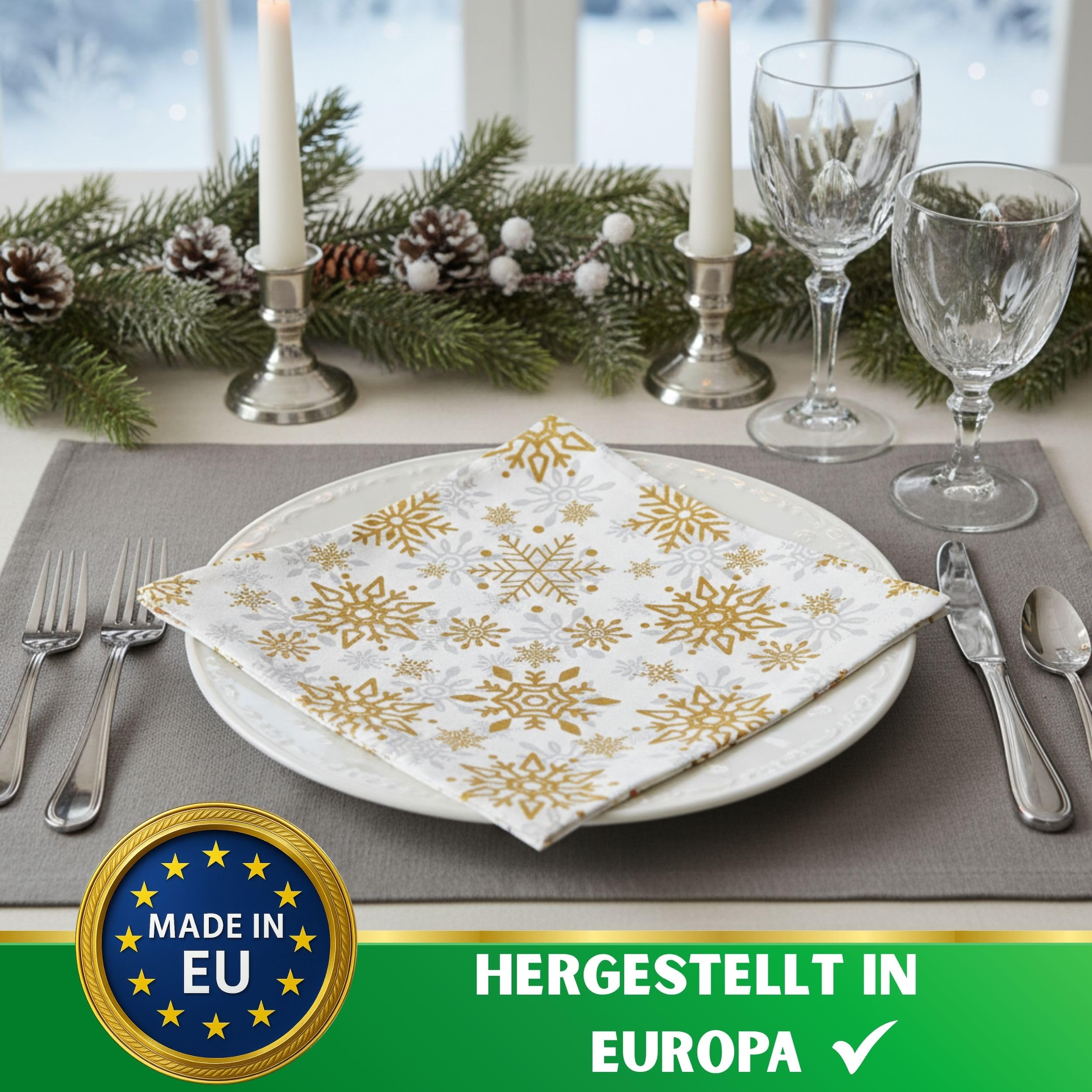 50 Stück große Servietten stoffähnlich festlich Weihnachten Elegante Schneeflocken gold silber als Tischdeko. Winter Geburtstag Weihnachtsfeier Silvester weiß 40x40cm Drogerie & Körperpflege