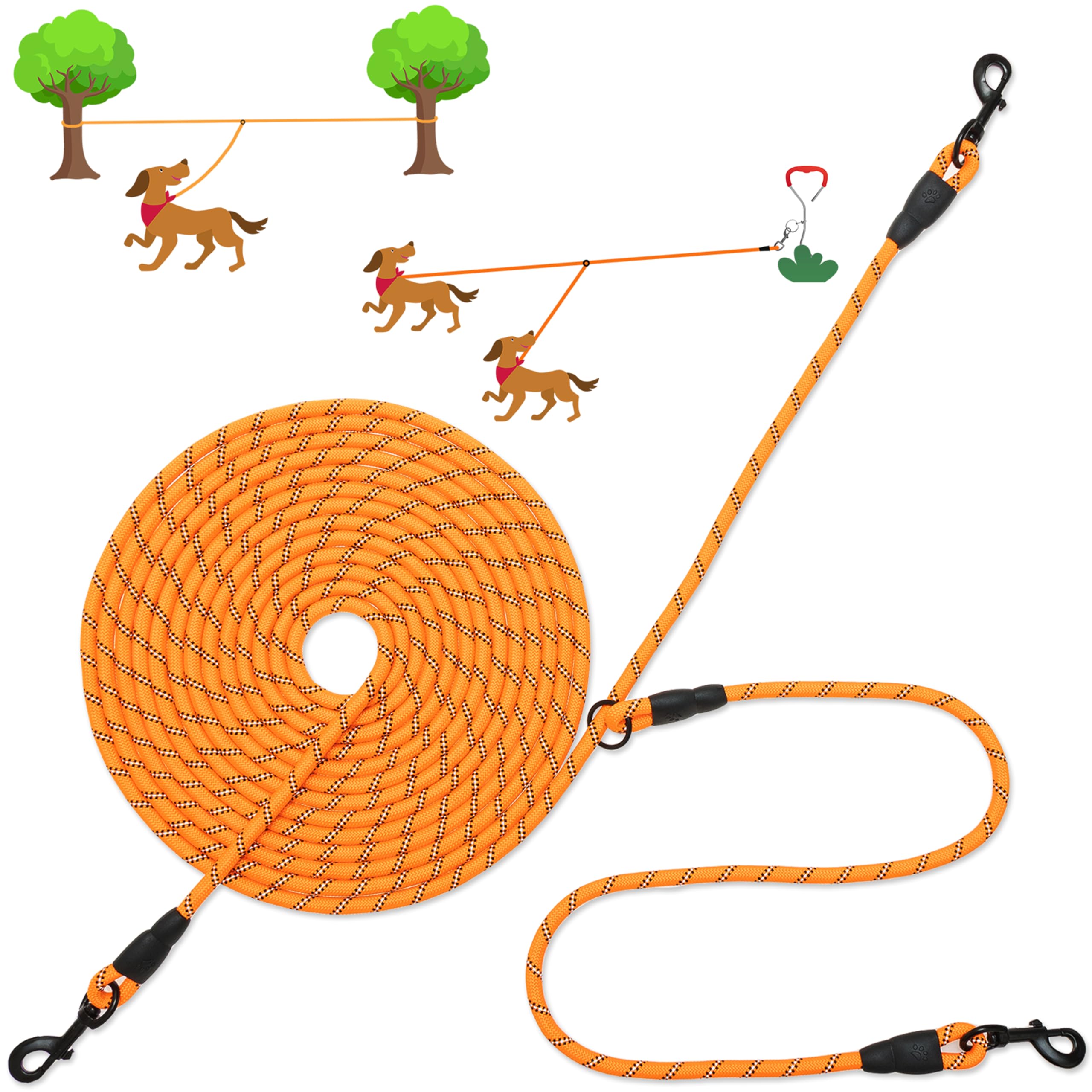 Cable de amarre para perro, resistente con 3 ganchos giratorios para entrenamiento de patio, campamento al aire libre, correa larga reflectante para perros pequeños, medianos y grandes