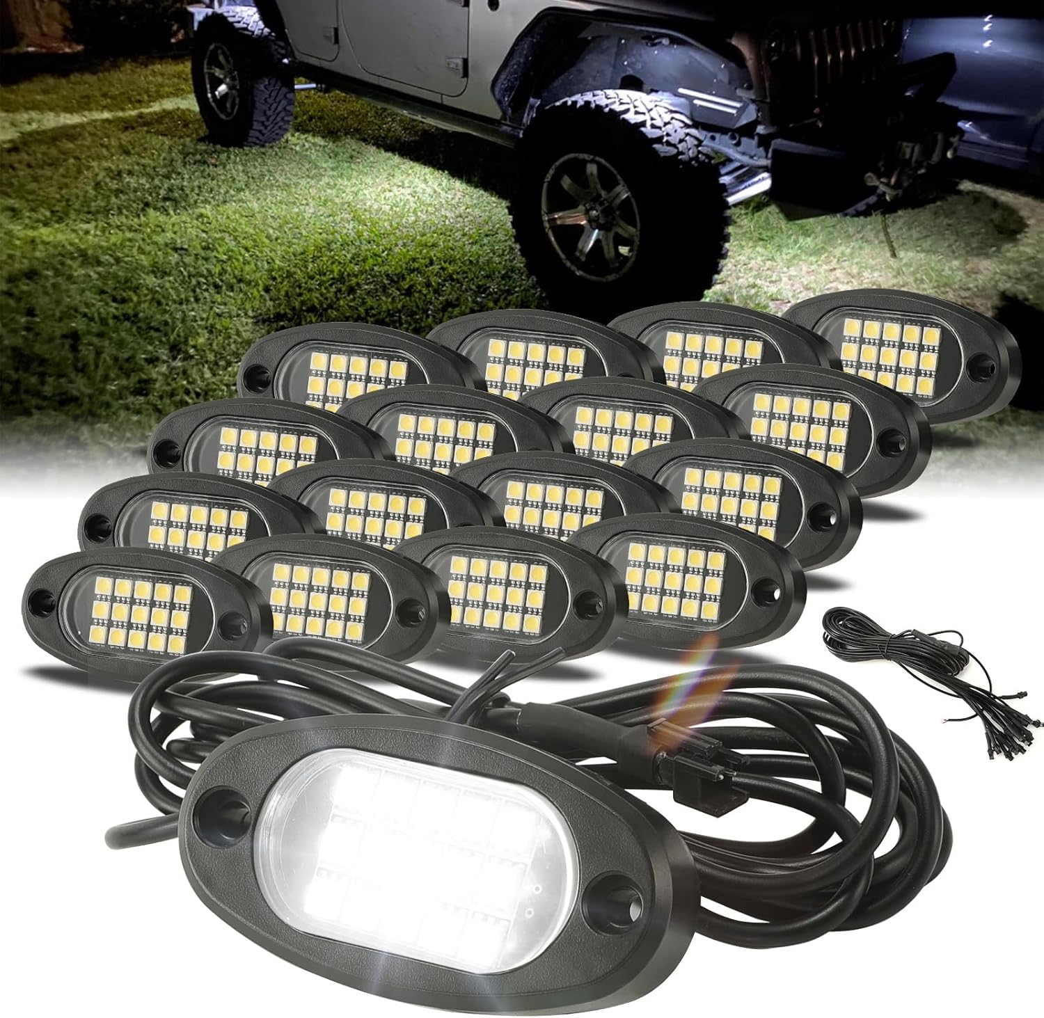 Winunite 16 Pods Quick Connect White Rock Lights, 4M Extension Wires Each Light, 15 SMD Chips, High Adhesive Stickers, 6000K Pure White, IP67 Waterproof, Fits for Trucks Trailer SUV ATV UTV