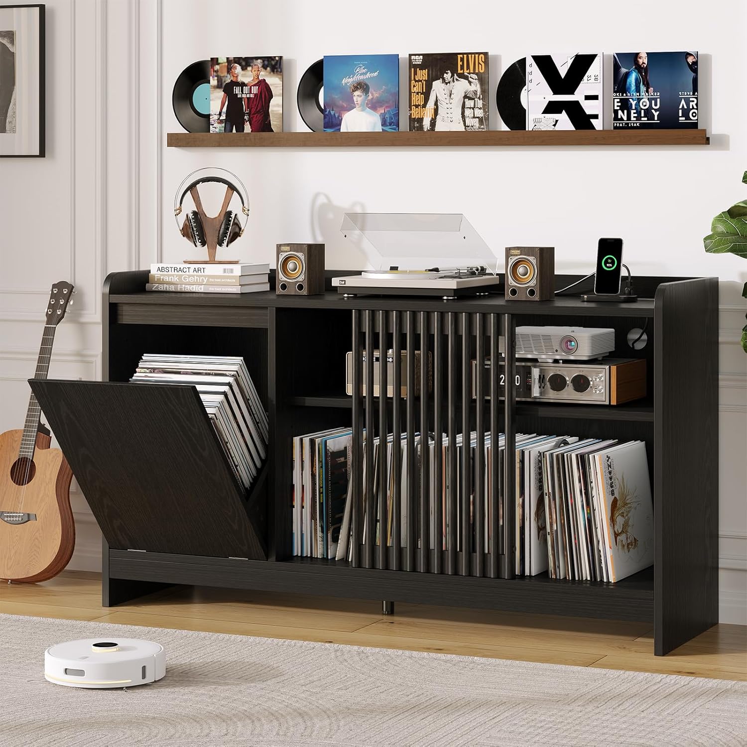48" Record Player Stand with Flip-out Storage Cabinet, Holds 350+ Albums-Vinyl Record Table with Sliding Door & Adjustable Shelf, Modern Turntable Stand with Charging Station for Living Room Bedroom