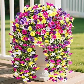 Serwalin Artificial Hanging Flowers for Outdoors UV Resistant, 4PCS Faux Morning Glory Fake Outdoor Flowers Realistic Silk Flower Plants for Outside Planter Front Door Porch Patio Yard Decor