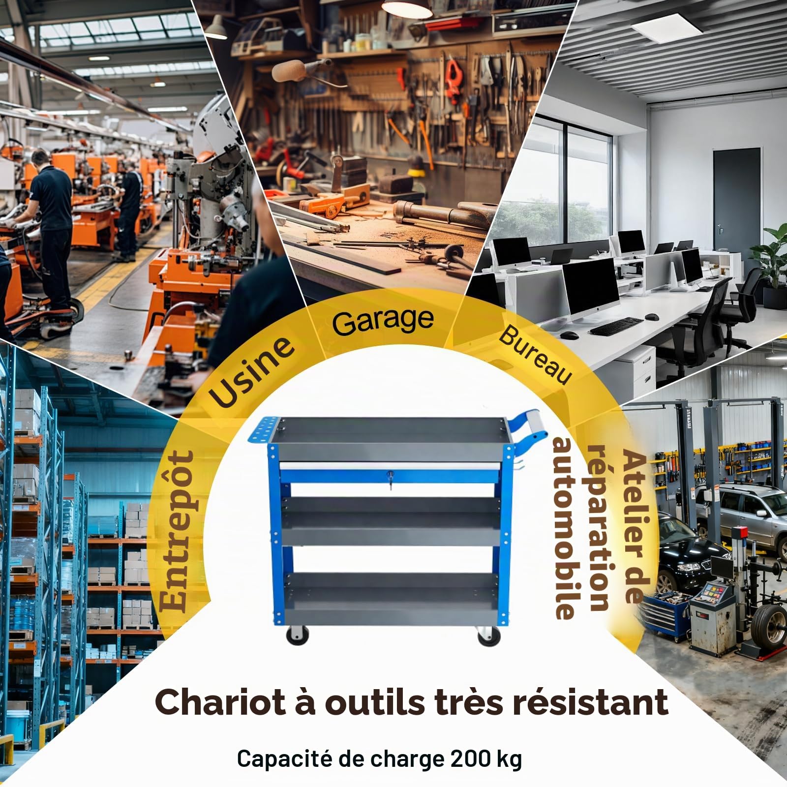 AIRAJ Chariot à Outils à 3 Couches, 78 x 35 x 70 cm, Chariot à Outils en Métal avec Grand Tiroir Verrouillable et Support, Chariot de Travail pour Outils de Transport, Capacité de Charge de 200 KG