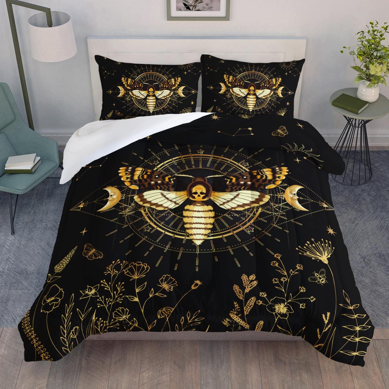 AILONEN Moth Pattern Comforter Set Queen Size, Gold Sun Moon Death Head Hawk Moth Print Bedding Set Constellation Floral Theme Soft Breathable Duvet Set 3 Pieces,1 Quilt and 2 Pillowcases Moth4 Queen