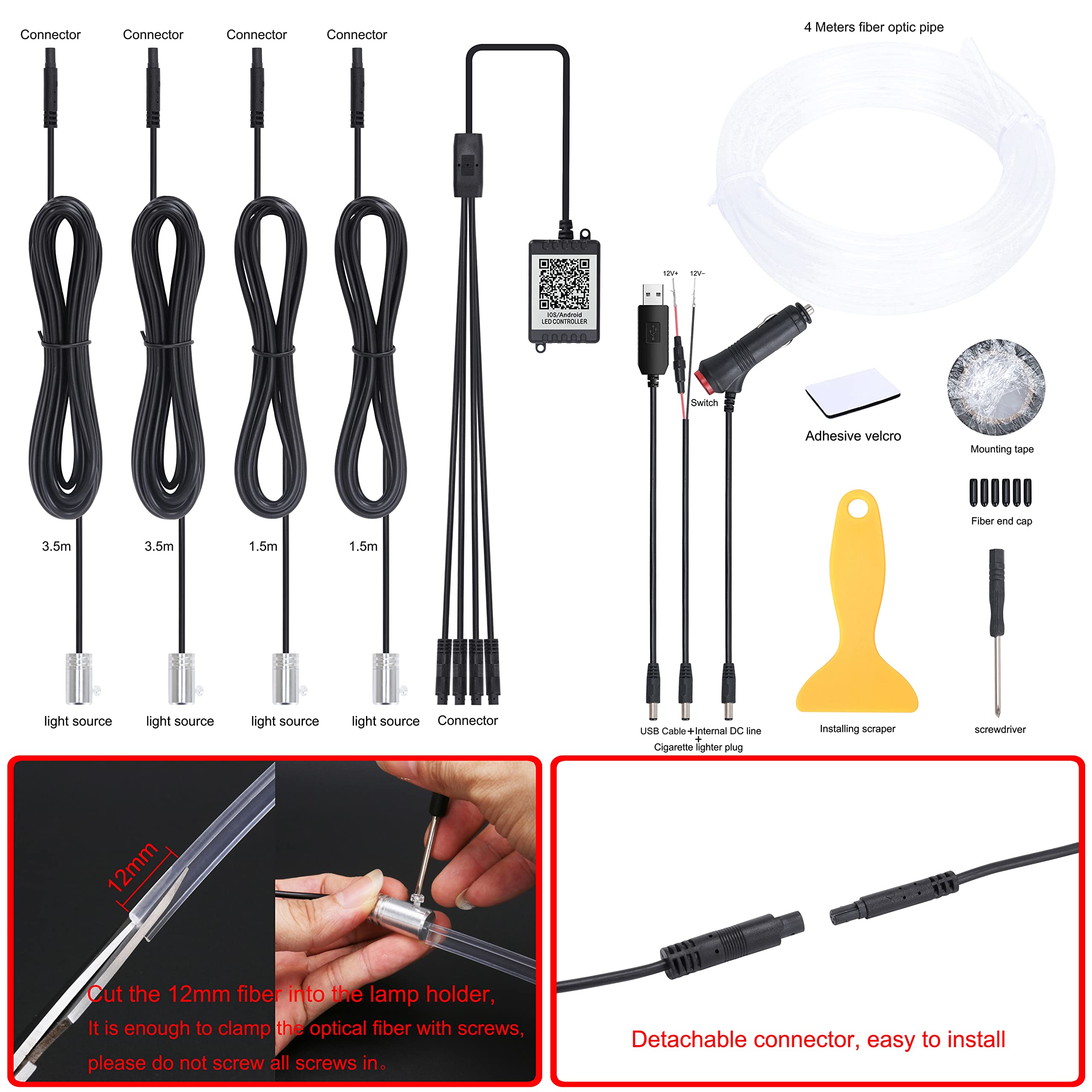 Auto illuminazione ambiente fibra ottica 64 colori musica suono attivo con APP controllo auto kit di illuminazione dell'atmosfera decorativa DC 12V 1W 4m