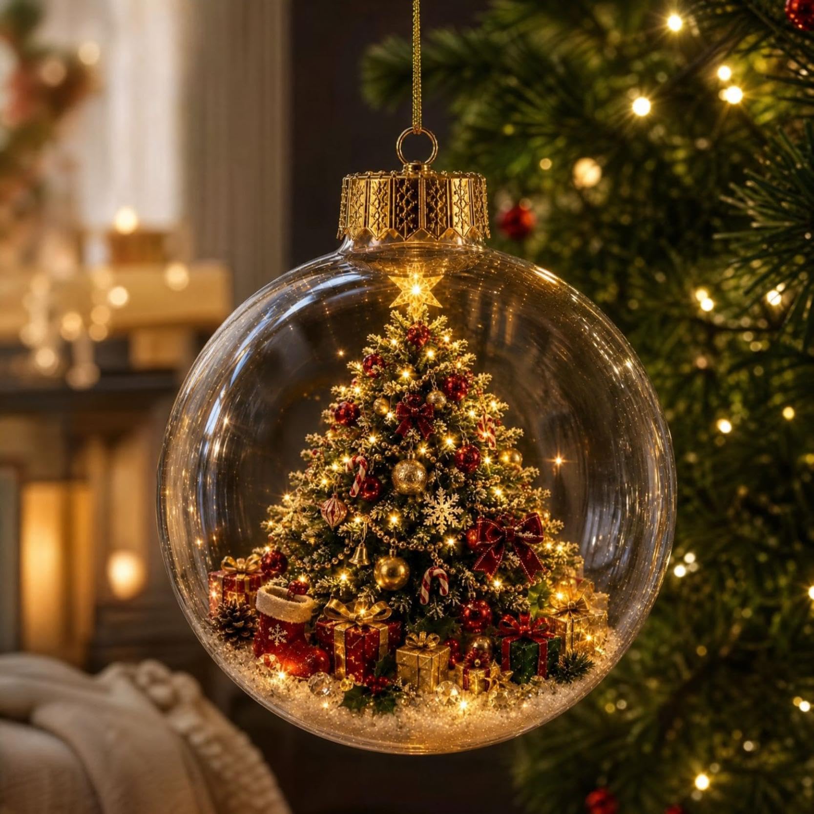 3D Glowing Christmas Story Ornament, Miniature Xmas Scene in Clear Acrylic Ball with Warm Led Light, Festive Keepsake Gift for Home Xmas Party Decoration