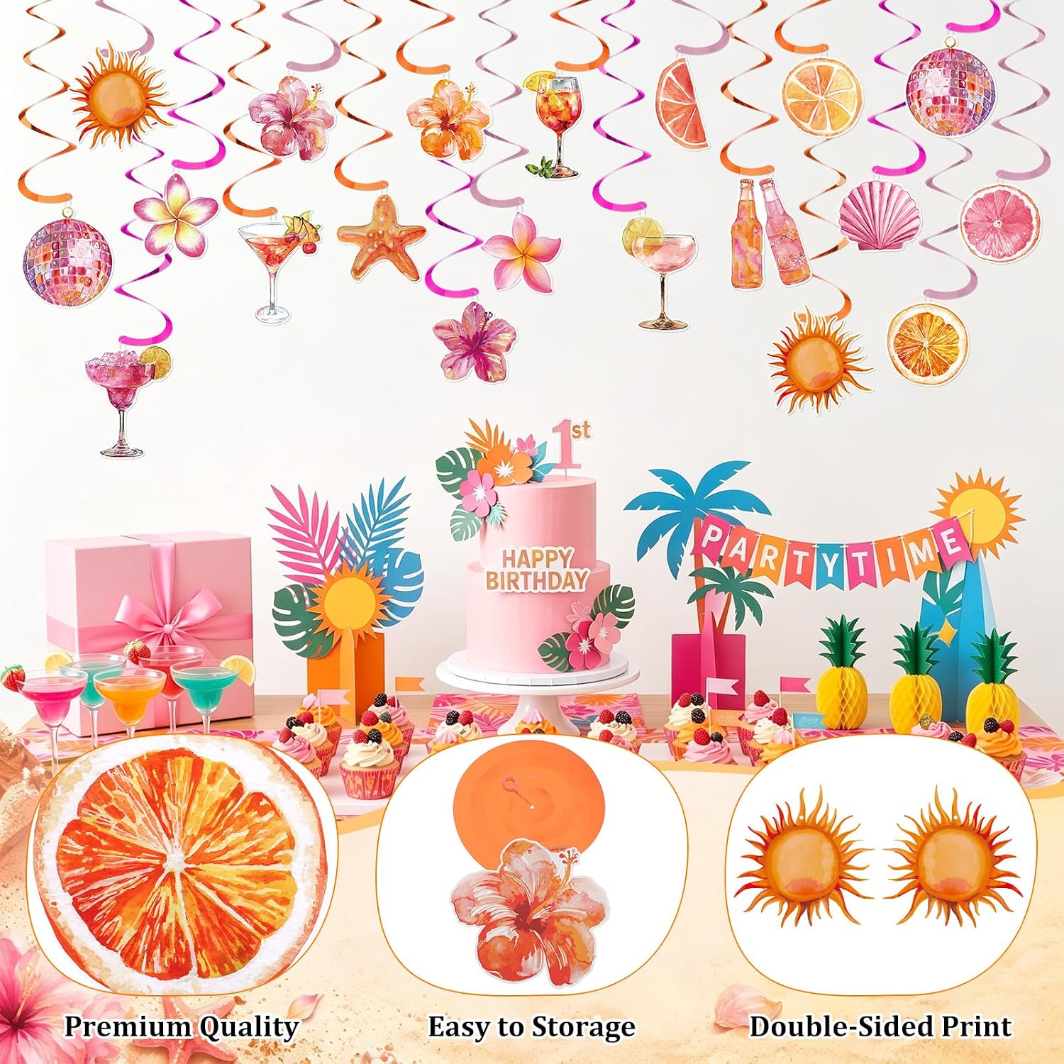 VitalCozy 20pcs Pink and Orange Sunset Party Decorations Hanging Swirl Decor Ceiling Streamers for Tropical Summer Tequila Birthday Wedding Graduation Bachelorette Party Supplies