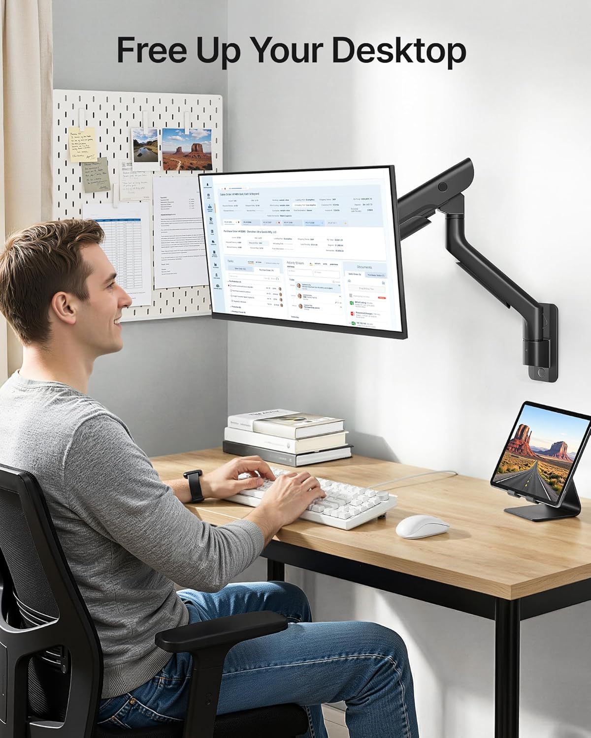 monTEK Heavy-Duty Single Monitor Wall Mount for 17-57” Ultrawide Screens up to 59.4lbs, Premium Aluminum Wall Mount Monitor Arm with Full Motion Adjustment, Pneumatic Lift, Max VESA 100x100