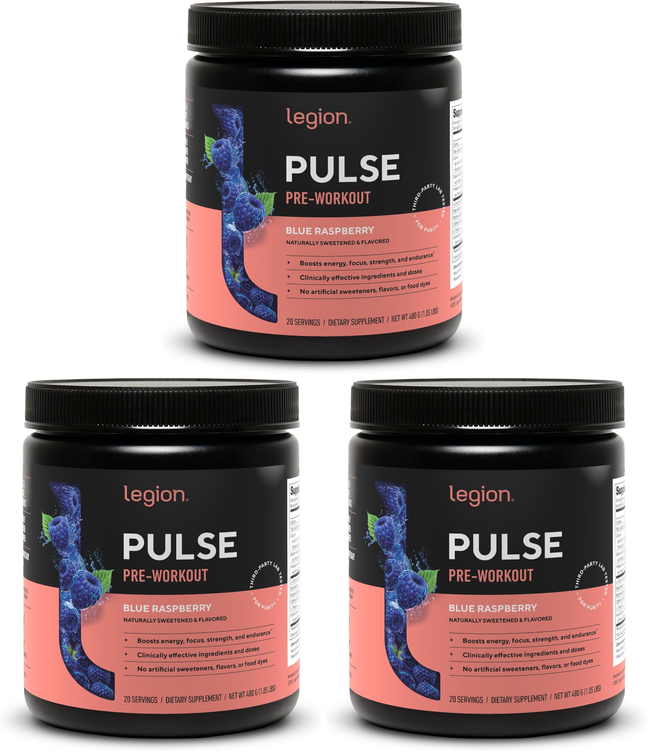 LEGION Pulse Pre Workout - All Natural Nitric Oxide Preworkout Drink to Boost Energy, Creatine Free, Naturally Sweetened, Beta Alanine, Citrulline, Alpha GPC (Blue Raspberry) (Pack of 3)