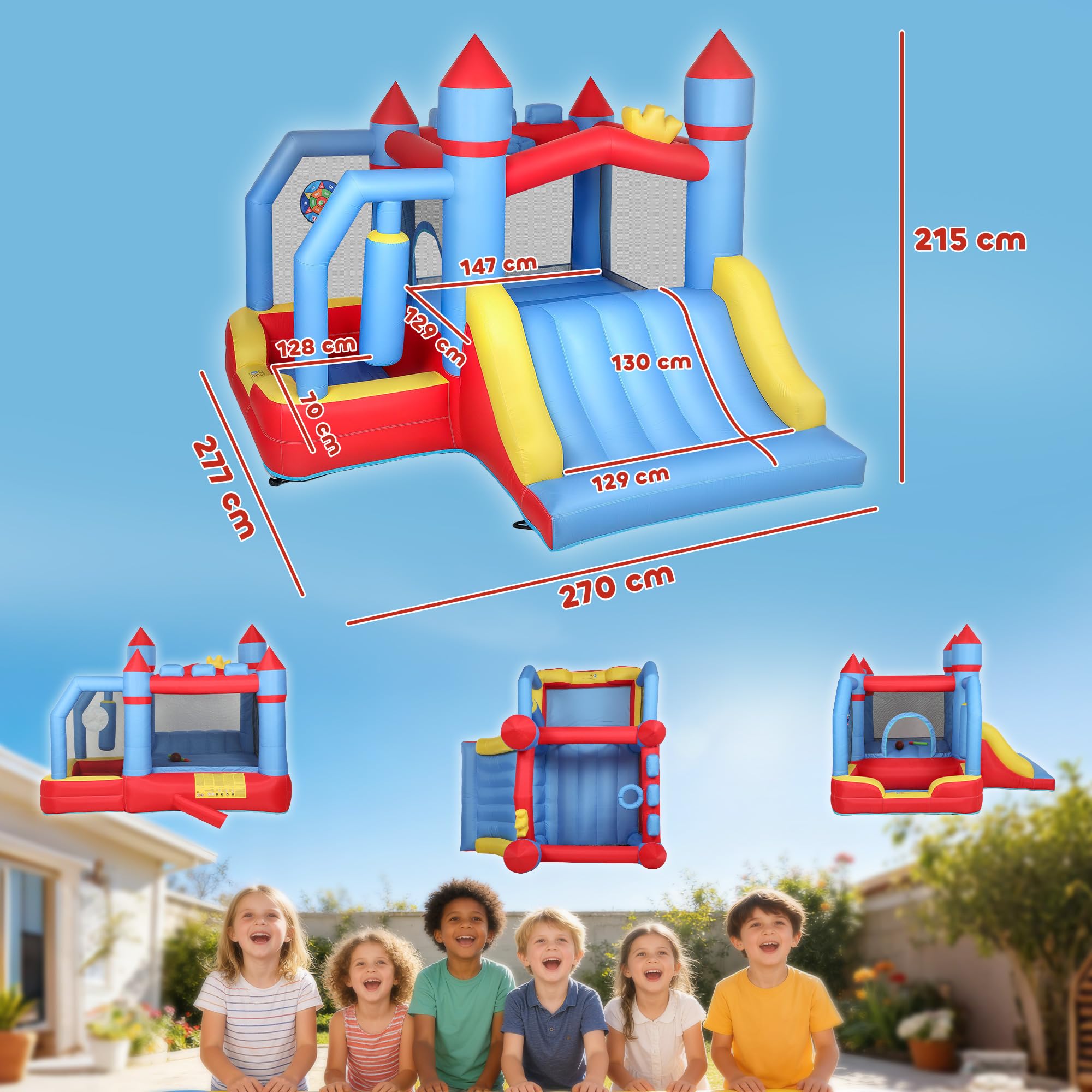 AIYAPLAY Castillo Hinchable para Niños con Soplador, Castillo Hinchable con Tobogán, Zona de Salto, Piscina, Pilar de Boxeo y Aro de Baloncesto, para Niños 3-8 Años, Interior, Exterior, 277x270x215 cm