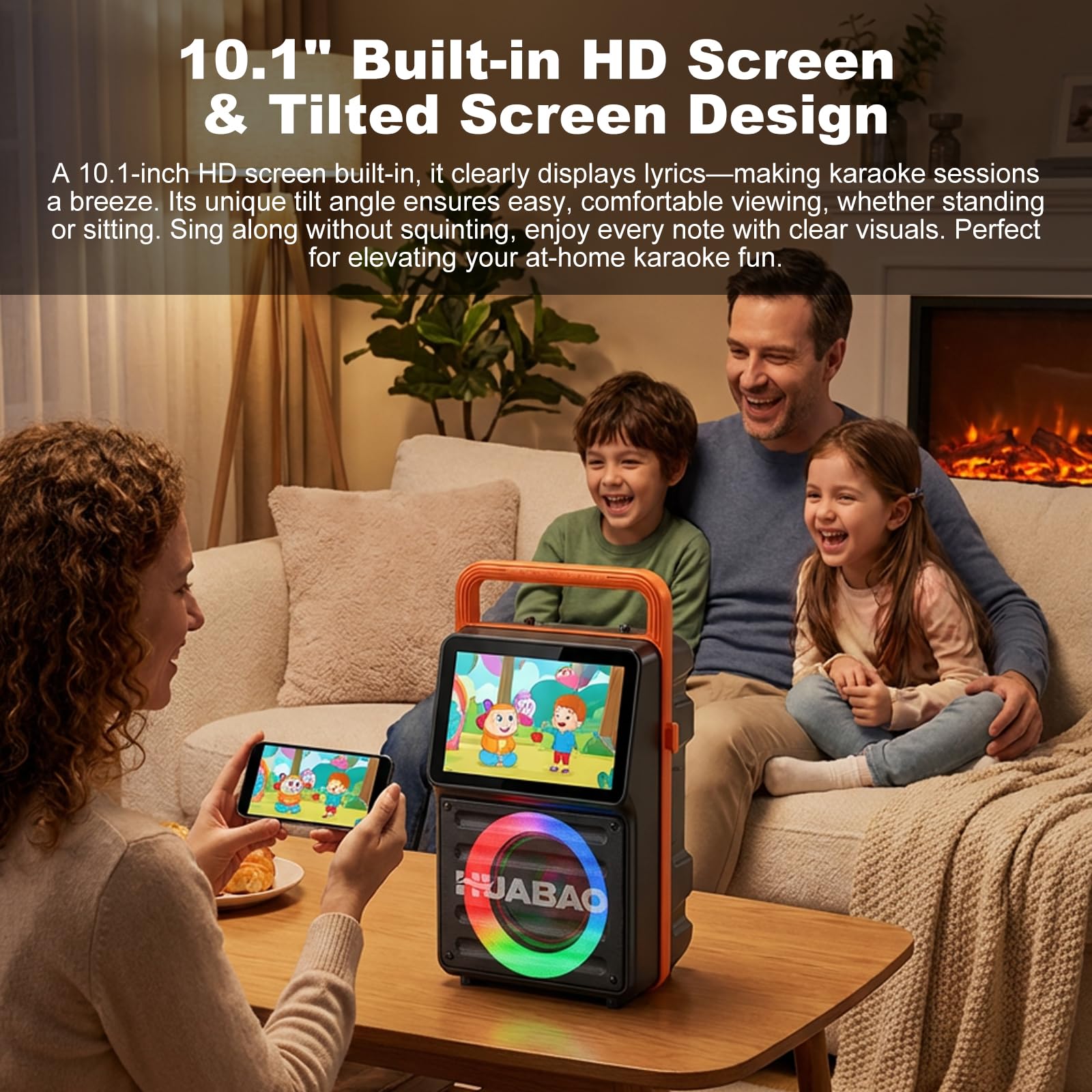 Macchina per karaoke con schermo integrato da 10,1 pollici, altoparlante Bluetooth con visualizzazione dei testi, mirroring dello schermo wireless per iOS e Android, telecomando e luci, 2 microfoni