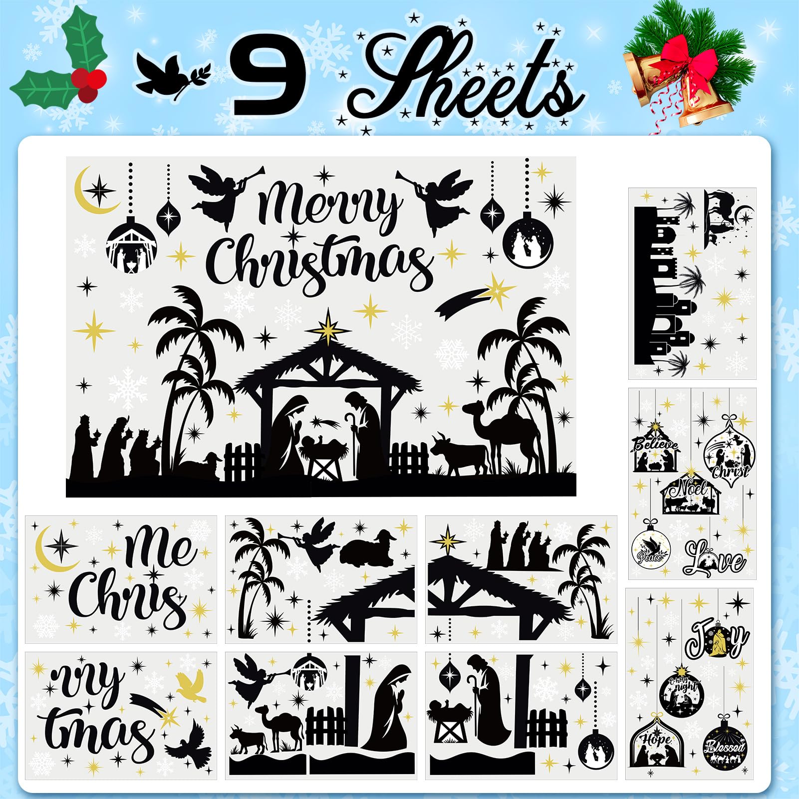 HOWAF 9 Sheets Nativity Scene Window Stickers, Jesus Christmas Clings for Party Decorations, Holy Night Themed Decals for Religious Xmas Holiday Ornaments