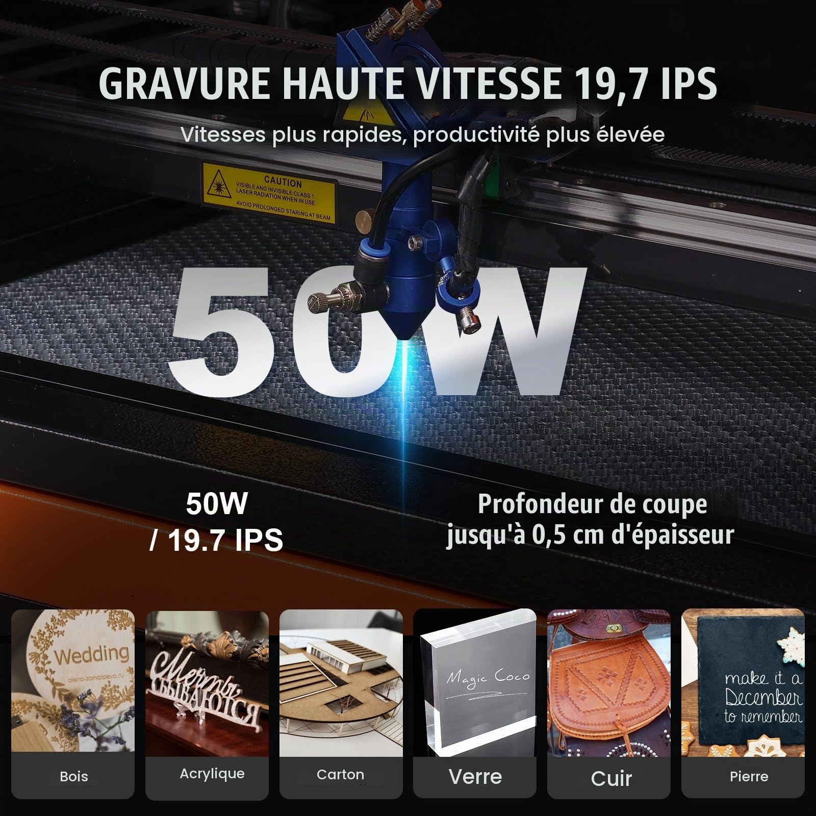 VEVOR Graveur Laser CO2 Machine de Gravure Découpe Laser 50 W Zone de Travail 300x500 mm, Vitesse de Travail 0-500 mm/s, avec Assistance Air, Panneau de Commande Numérique, pour Bois, Acrylique, Tissu