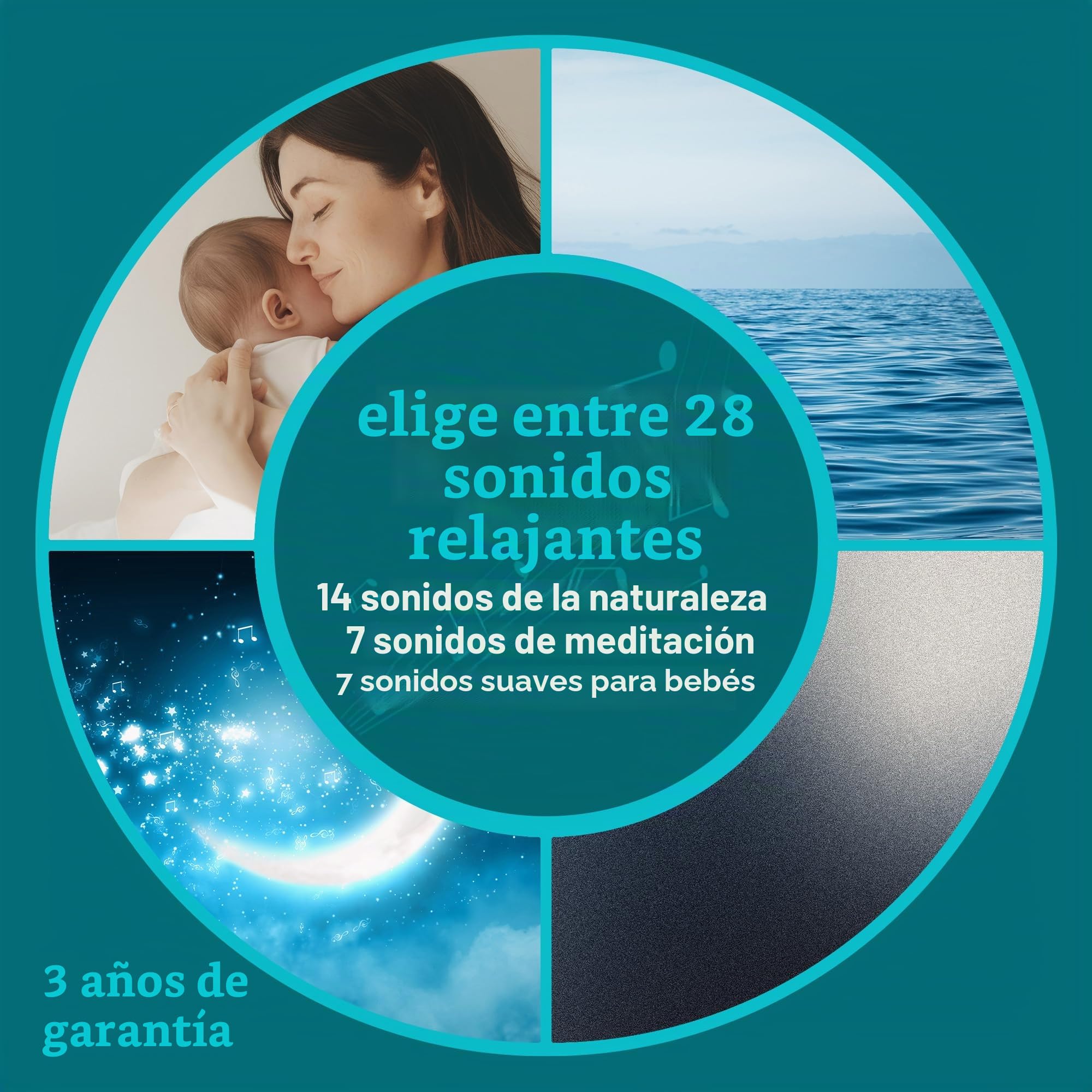 Homedics Soundsleep Aura - Máquina de Ruido Blanco Portátil, Ayuda para el Sueño de Bebés y Niños Pequeños, 14 Sonidos Naturales y 7 Sonidos de Meditación - Luz Nocturna Blanca con 7 Colores