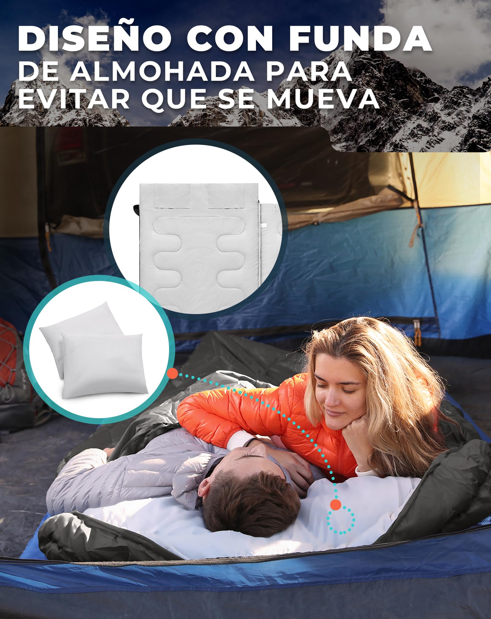 KingCamp Saco de Dormir Doble con Almohadas,220 × 150 cm para 3-4 Estaciones,Gran Saco de Dormir cálido Impermeable,para Adulto Acampar Festivales Caravaning Viaje,en Interiores o Exteriores