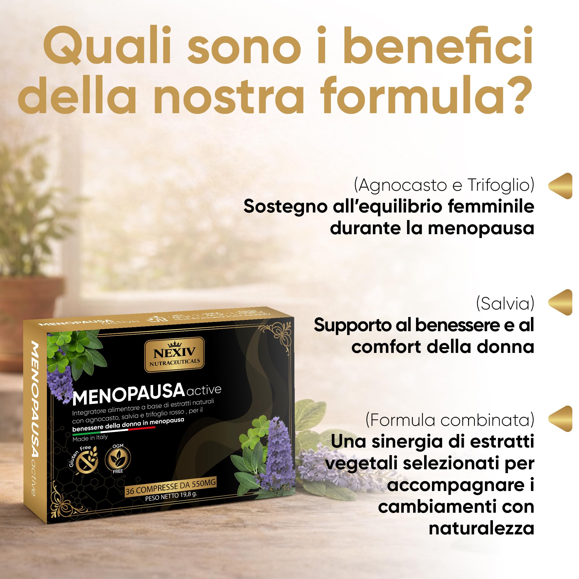 Integratore Menopausa per il Benessere Femminile con Agnocasto, Trifoglio Rosso e Salvia, Gluten Free | 36 Compresse | Estratti Vegetali