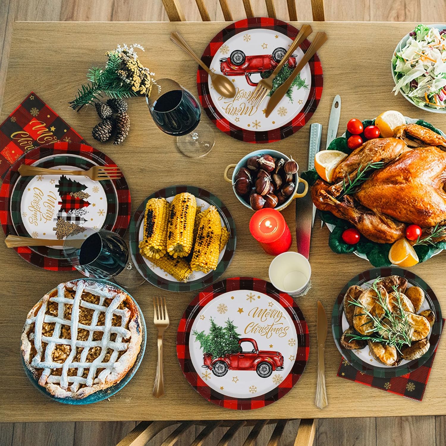 ANALIM 350 PCS Christmas Disposable Paper Dinnerware Set Includes Dinner Plates, Dessert Plates, Cups, Napkins, Knives, Forks, Spoons for Christmas Party Supplies