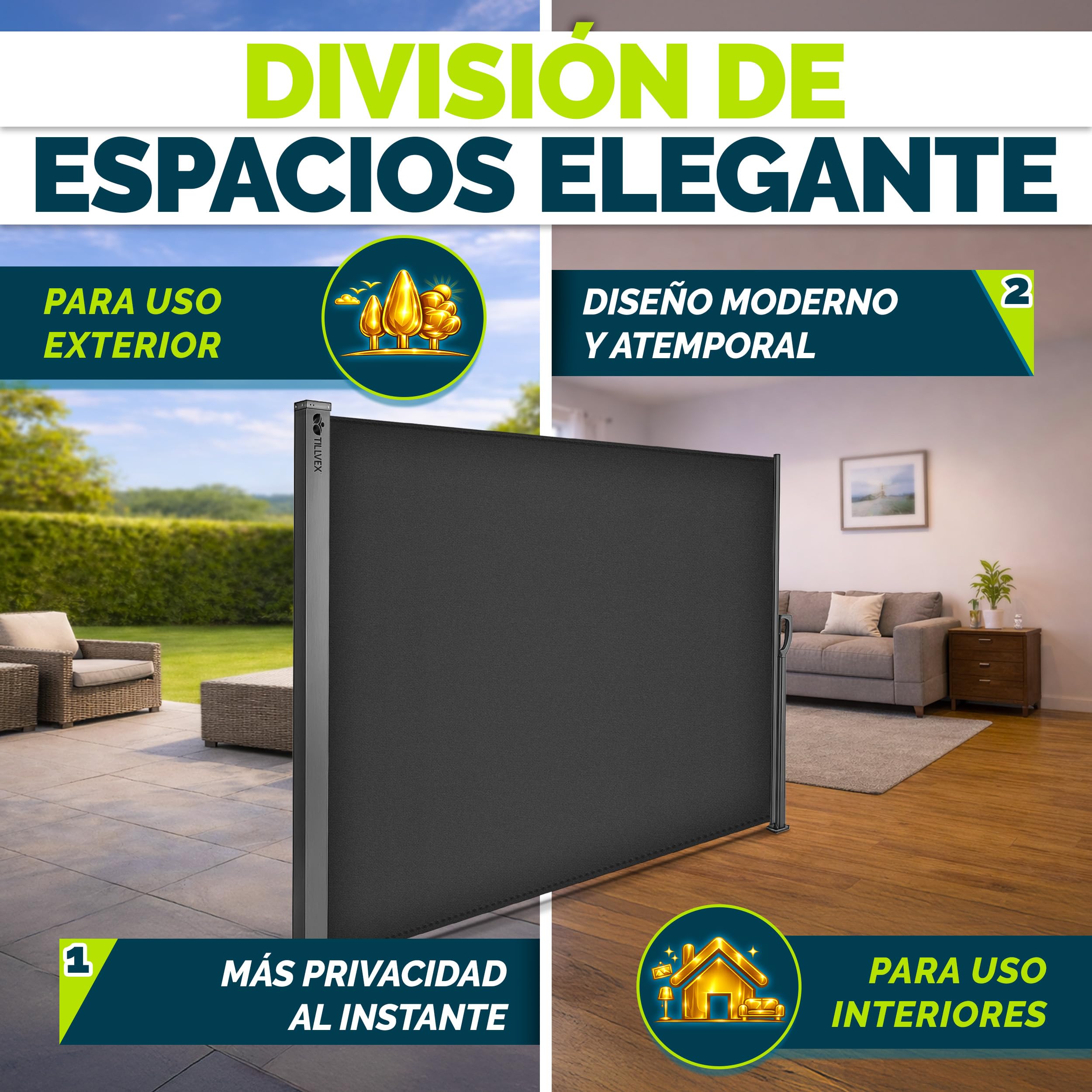tillvex® Toldo Lateral 200 x 300 cm Extensible y Opaco con Cubierta | Protección Visual para balcón, jardín y terraza | Estor Lateral con Soporte de Pared | Protección Solar de Acero Inoxidable