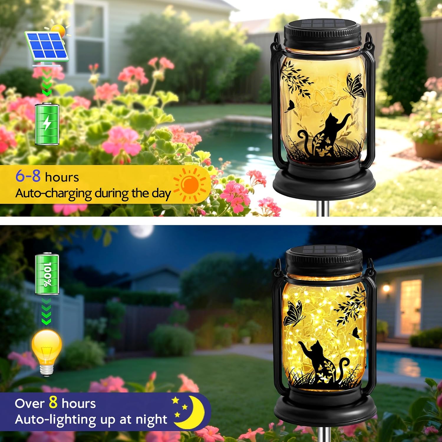 Cat Solar Lanterns 3-IN-1 Outdoor Waterproof - Birthday Gifts for Cat Lovers Women Mom Christmas, Mason Jar Hanging Lanterns with Stake, Garden Decor Lights for Patio Yard Balcony Decorations, 2 Pack