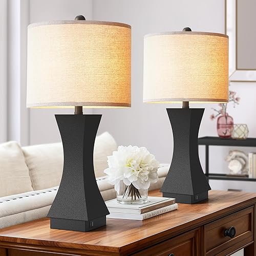 24.5" Modern Table Lamp Set of 2, 3-Way Dimmable Bedside Lamps with USB C & A Charging, Farmhouse Resin Nightstand Lamps with Beige Linen Shade for Bedroom, Living Room, Home Office (Black)