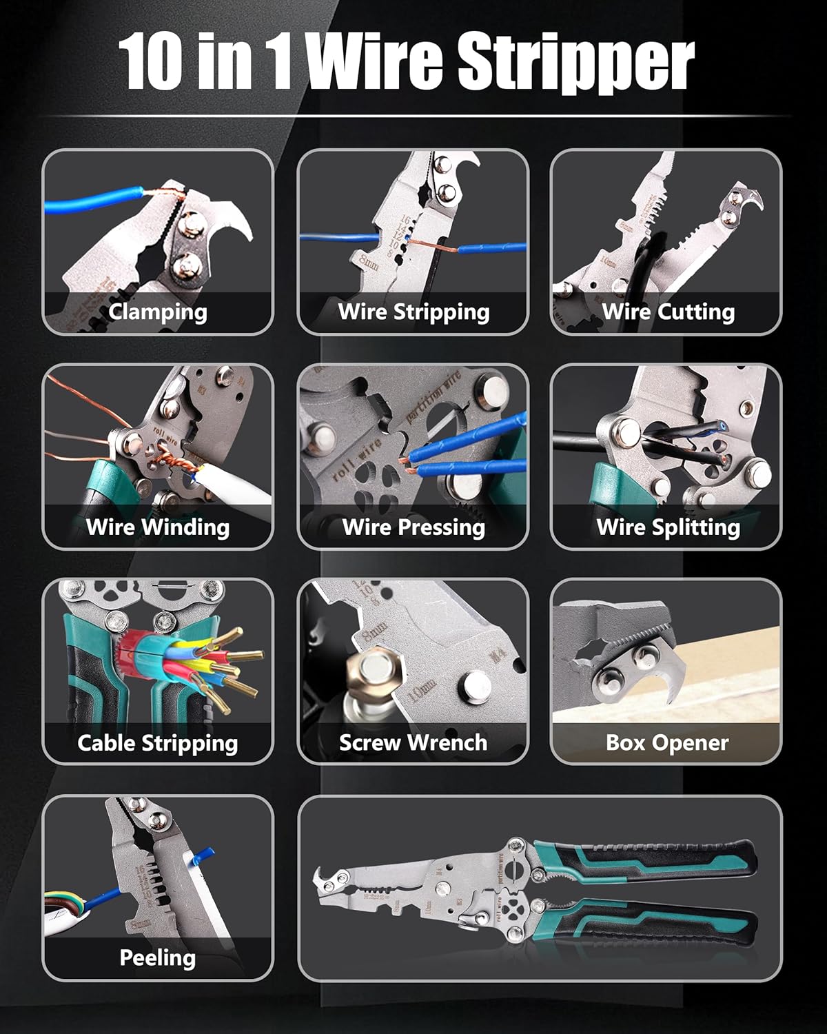 18 In 1 Foldable Ｗire Stripper, Folding Wire Stripping Crimper Tool, Multifunctional Wire Strippers Electrical, Electric Cable Stripper, Cable Cutters with Plier, Crimper, Twister, Splitting