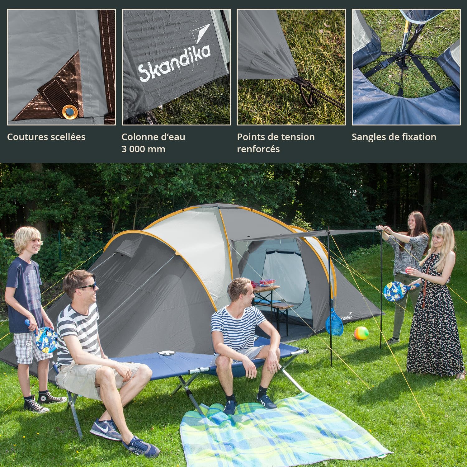 skandika Daytona XXL - Tente familiale dôme 6 Personnes - 570 x 390 cm - Colonne d'eau 3000 mm |Tente familiale avec 3 Grandes cabines de Couchage