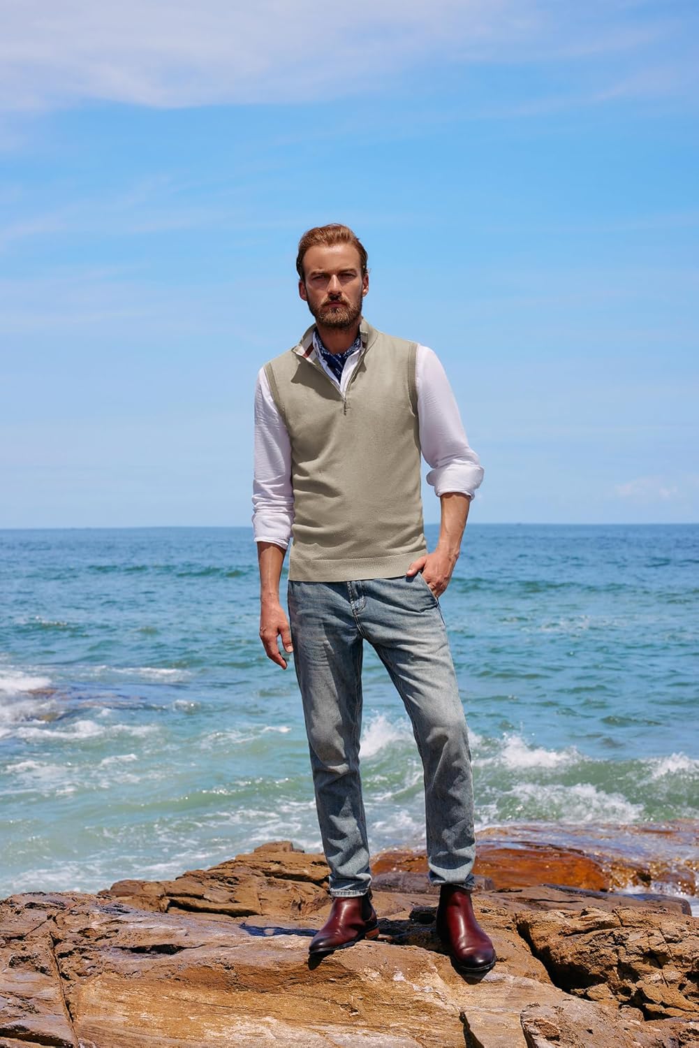 PJ PAUL JONES Mens Sweater Vest Quarter Zip Vest Sweater Stand Collar Contrast Stripes Pullover Knitwear Vest - Image 2