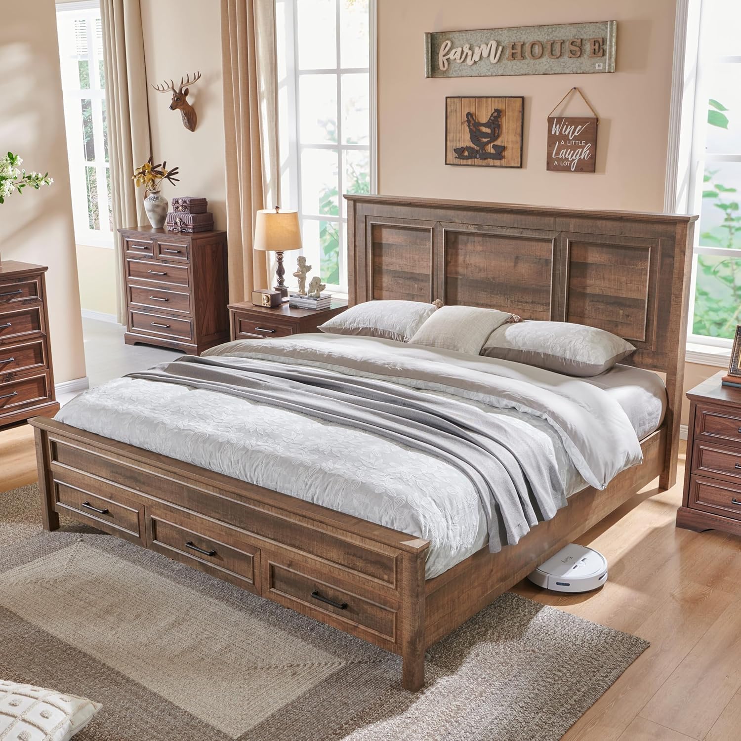 JXQTLINGMU Farmhouse King Wood Bed Frame with 52" Tall Headboard & 20" H Footboard, Platform Bedframe with Hidden Storage Drawers, Noiseless, No Box Spring Required, Off White