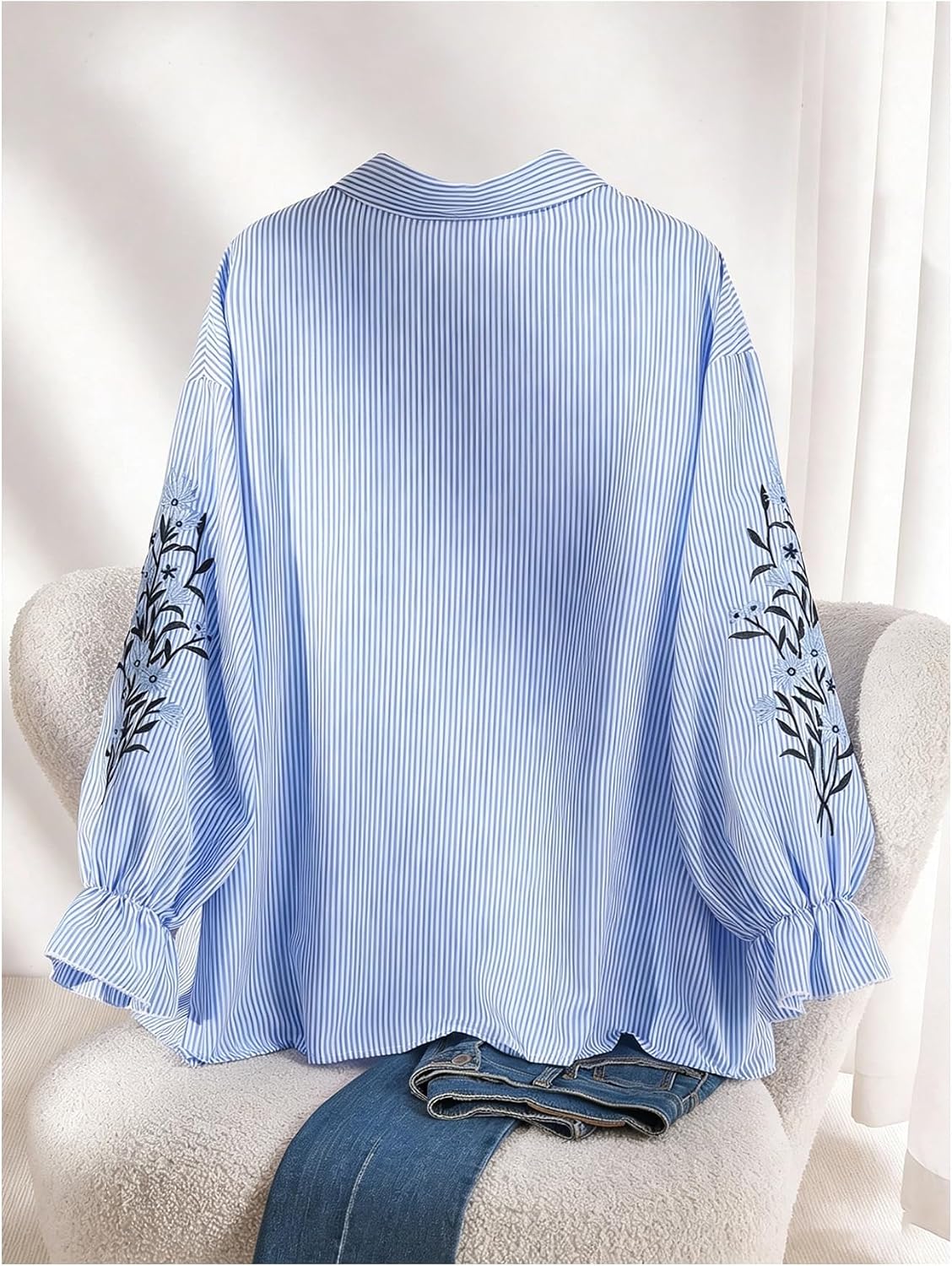 OYOANGLE Women's Plus Size Striped Button Down Shirt Floral Embroidered Long Sleeve Collared Casual Shirt Top