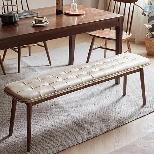 Miniatura 7 de Vadisun Banco tapizado tradicional para dormitorio, banco 100% madera maciza, cojín de cuero suave, banco de entrada y banco de comedor (marrón,