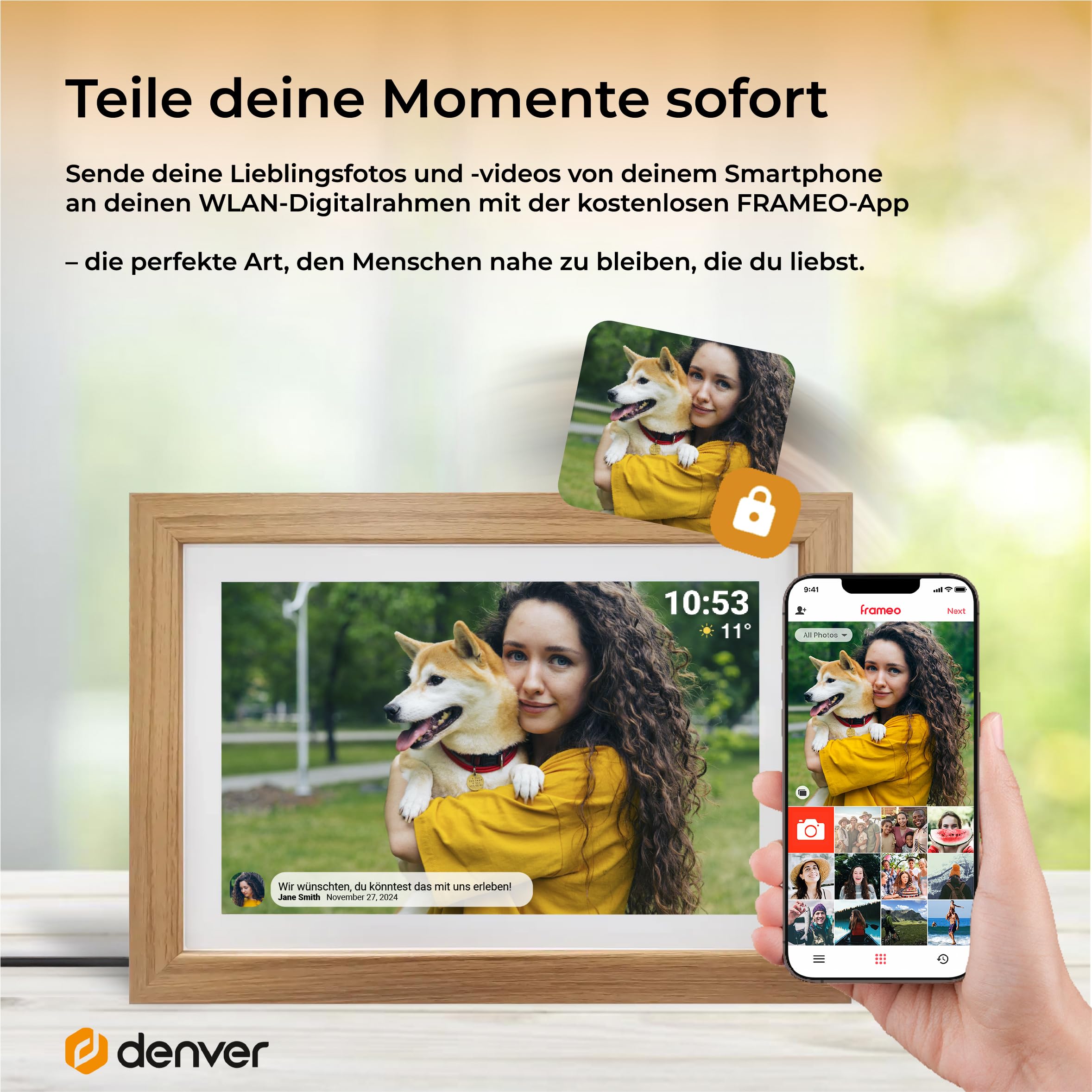 Denver Digitaler Bilderrahmen Holz 10,1 Zoll mit WLAN - FRAMEO Digital Photo Frame mit Touchscreen & 16 GB Speicher - Elektrischer Bilderrahmen mit App‑Steuerung - USB & microSD - Light Wood