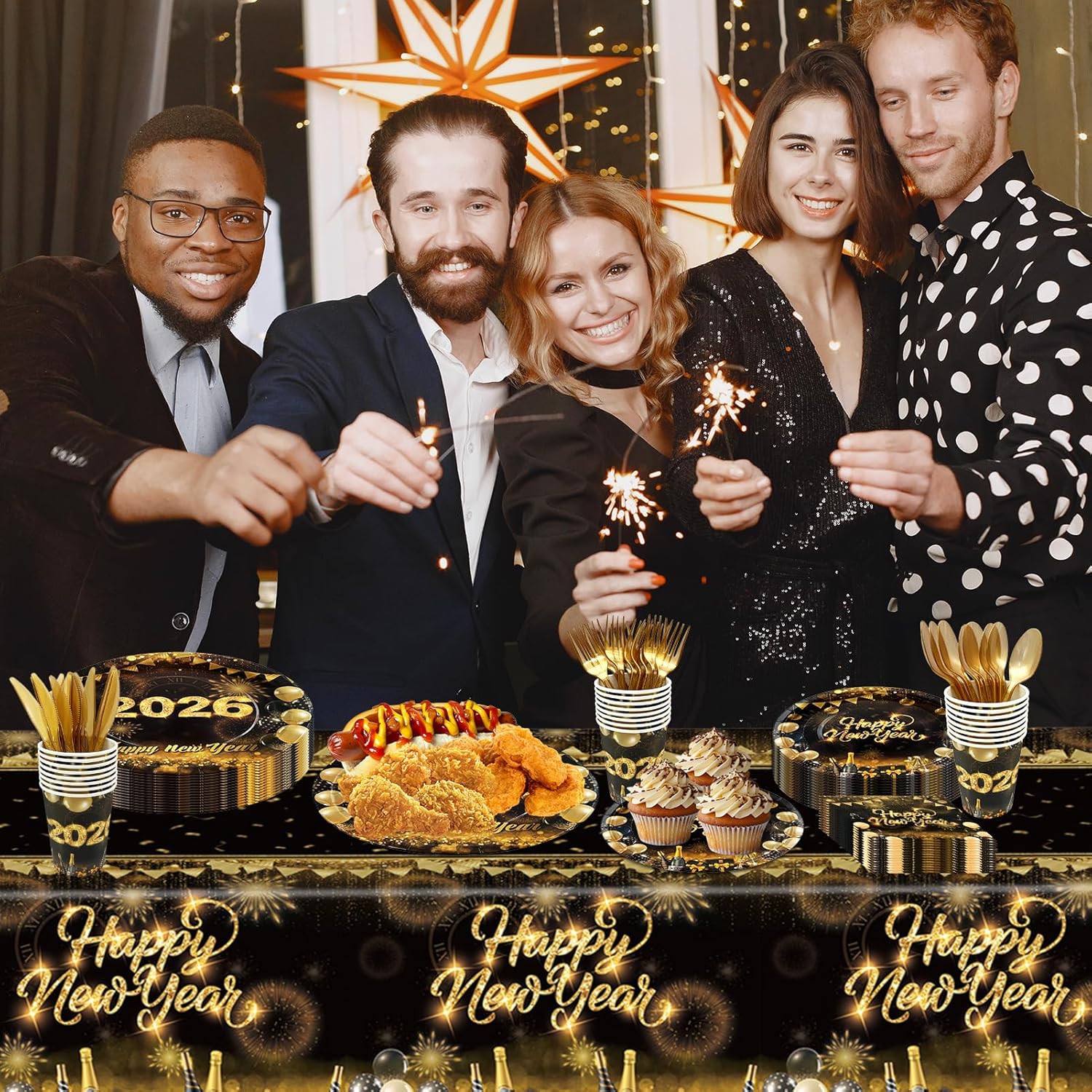 CIEOVO New Year Party Tableware Set for 24 Guests Including Dinner Dessert Plates, Lunch Napkins, Cups, Knife, Fork and Spoon for 2026 New Year's Eve Party Celebration Supplies Decorations