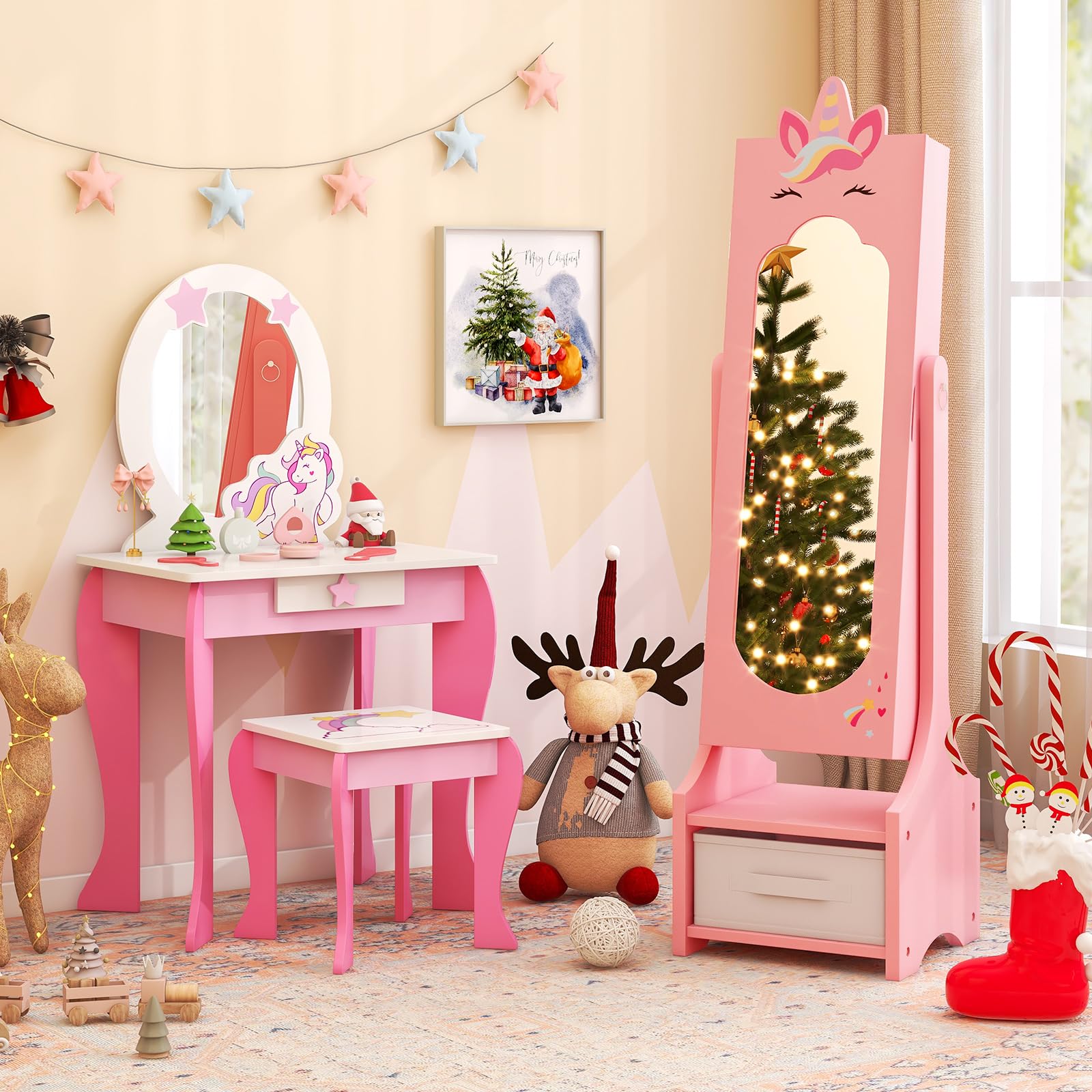 Armadio Organizzatore Per Bambini RELAX4LIFE Con Specchio, Barra Appendiabiti E 4 Ripiani Aperti – 93,5x38x100 Cm, Rosa/naturale