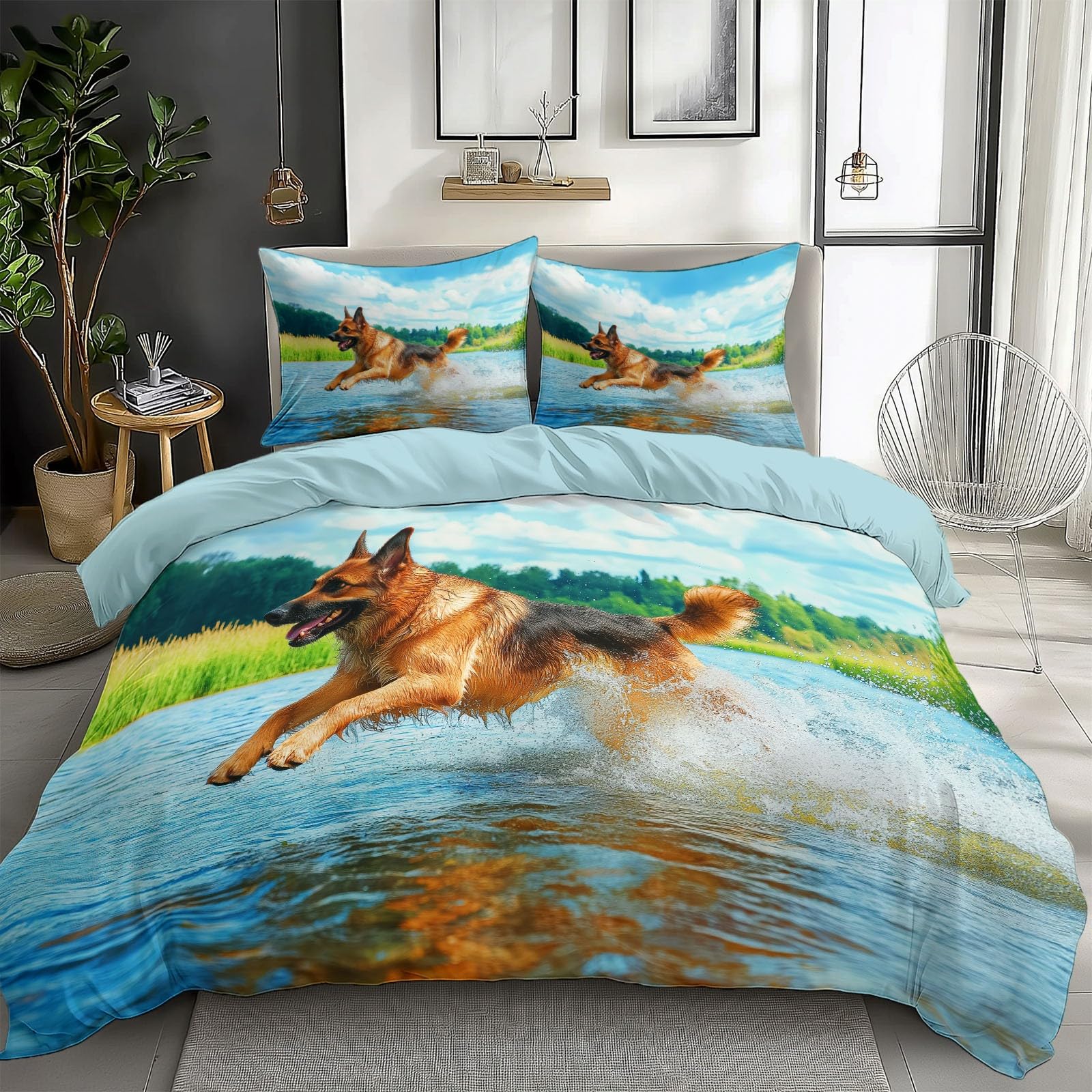 Zestaw poszewek na kołdrę 220 x 240 cm Wzór Zwierząt Owczarek Wodny Rzeka Zestaw pościeli z 2 poszewkami na poduszki 65x65 cm, 100% mikrofibra pościel, zamek błyskawiczny, niebieska mgiełka