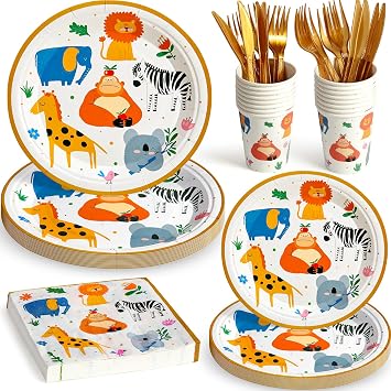 144Pcs Jungle Animals Birthday Party Supplies Decorations Animal Themed Paper Plates Napkins Vintage Party Tableware Disposable Dinnerware for Girl Boy Kid Birthday Baby Shower Table Decor, Serve 24
