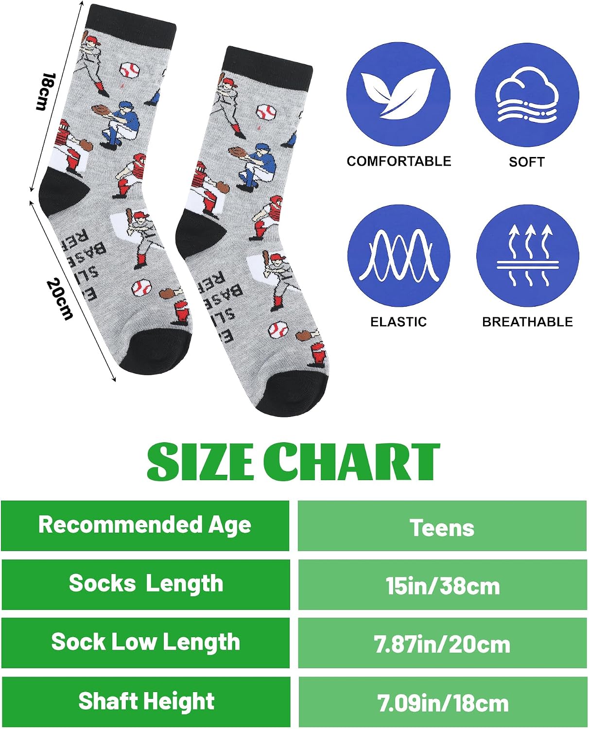 Haysandy 8 Pairs Novelty Baseball Socks for Teens Boys Funny Athletic Crew Sock for Boys Youth 13-17 Years Baseball Lover Gifts