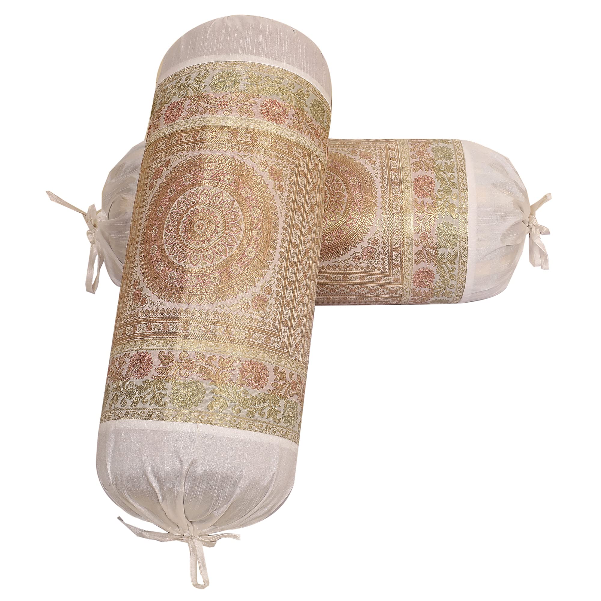 DK Homewares Decorative Brocade Polydupion Silk Cylinder Diwan Bolster Pillowcases White Mandala 76x38 cm Jacquard Weave Home Decor Tube Cushion Covers - (Set Of 2)