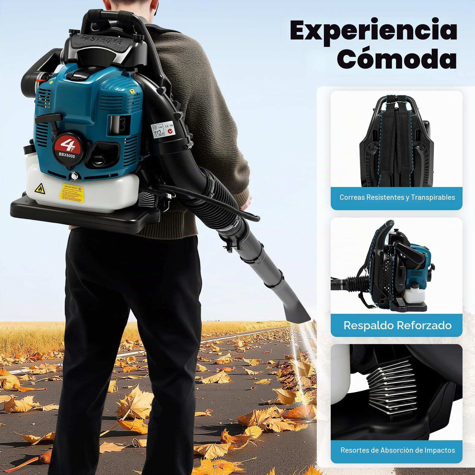 Soplador de hojas de gasolina, aspirador de jardín de 4 tiempos, soplador de 75,6 cc con potencia de motor de 2600 W y depósito de 1,9 L, velocidad variable, amortiguador de hojas refrigerado por