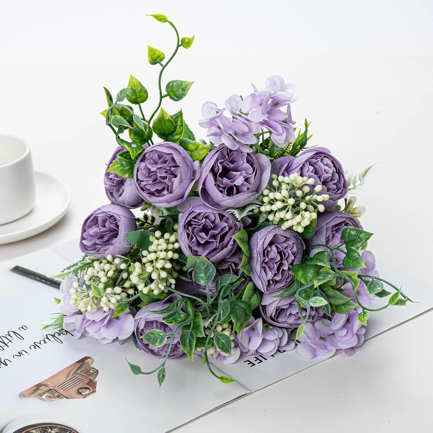 KAOYOO 2 PCS Artificial Peony Bouquet Short Stem for DIY Wedding Decoration Bridal Bouquet Home Decorations(Purple 2-PCS) - Image 3