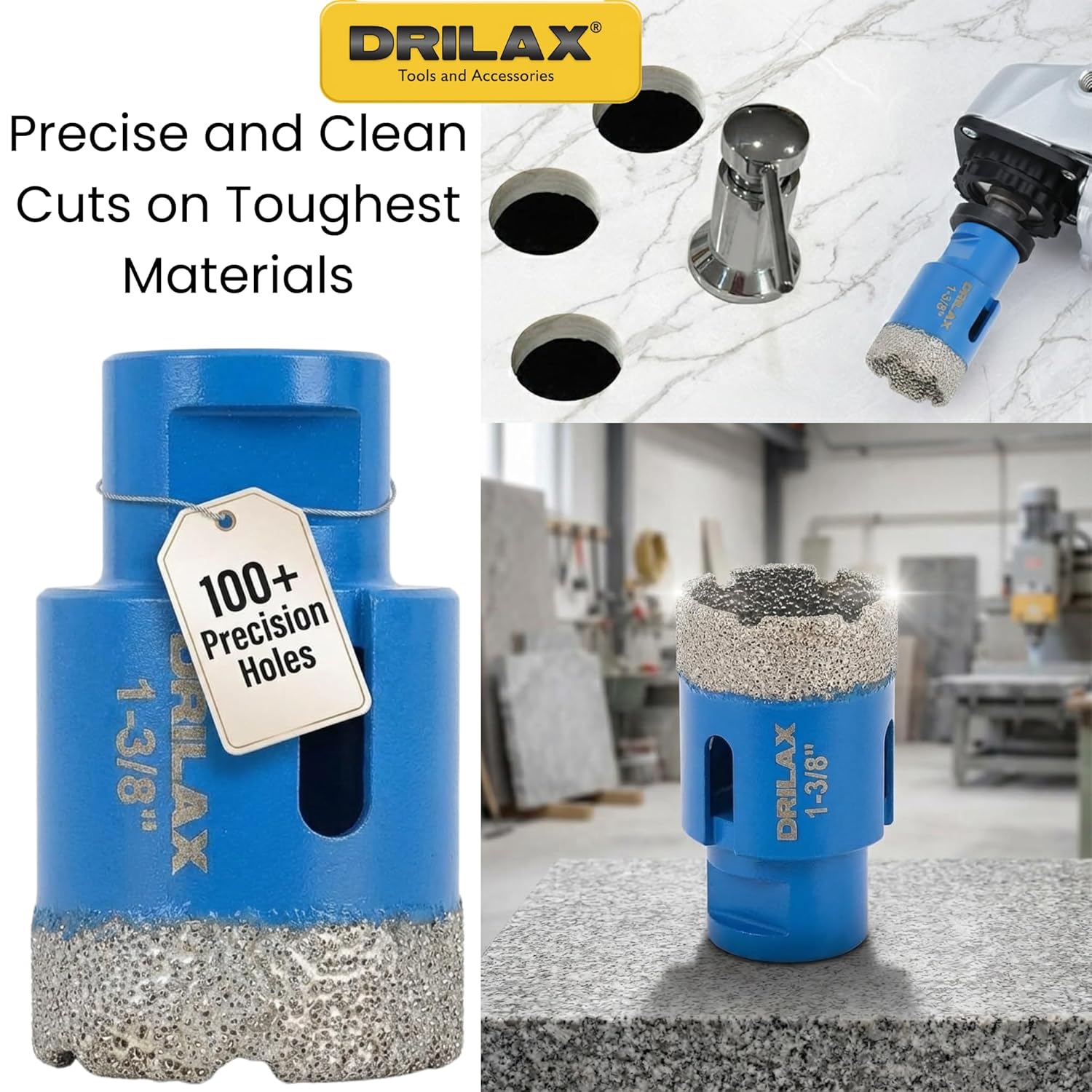 Drilax 1-3/8 Inch Diamond Hole Saw for Angle Grinder – Precision 5/8"-11 Thread – Dry Cutting Granite, Masonry, Quartz, Ceramic & Porcelain Tile Drill Bit with Extended Durability (100+ Holes)
