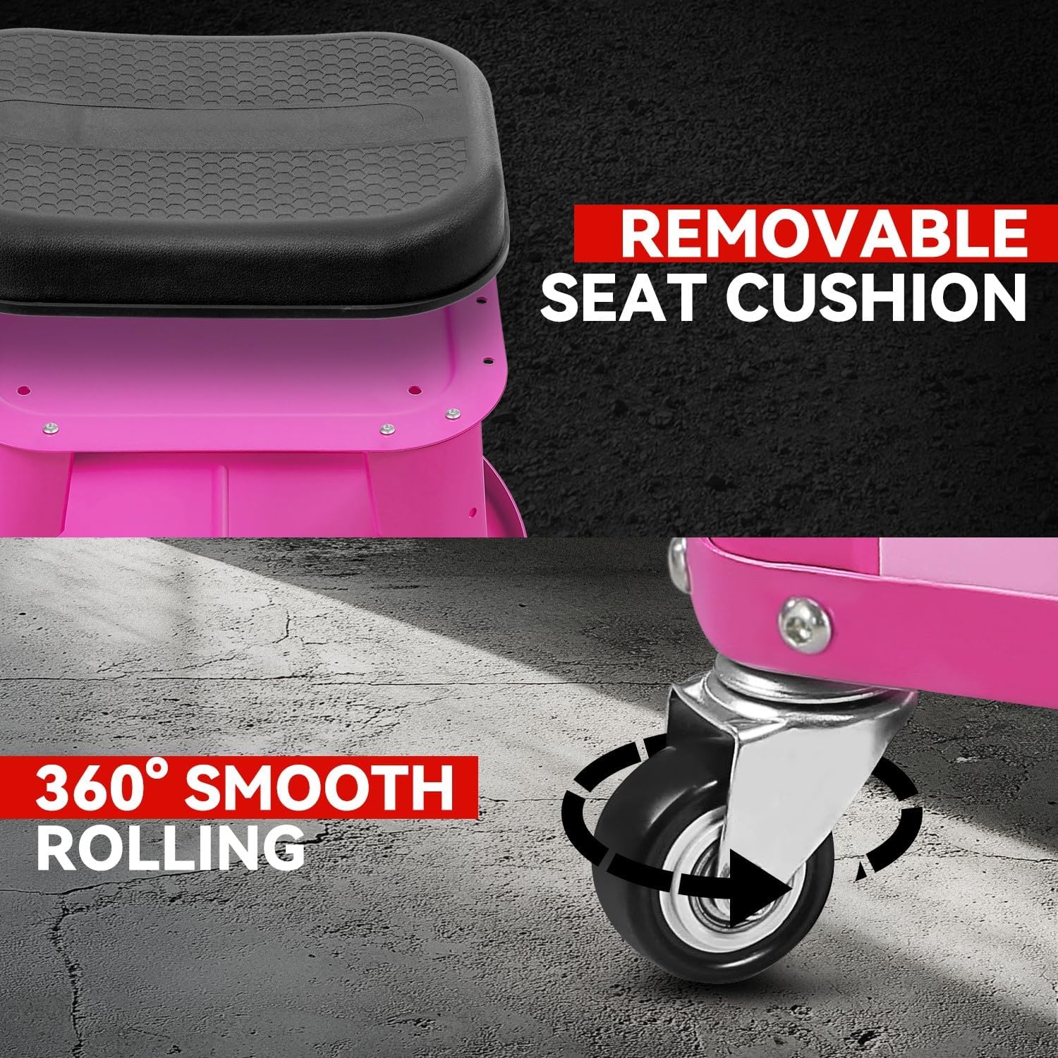 Auto Dynasty Mechanic Roller Stool, 300 LBS Capacity Rolling Creeper Garage Shop Seat with Tool Tray, Heavy Duty Mechanic Roll Repair Chair for Workshop Household Home Warehouse Office, Purple