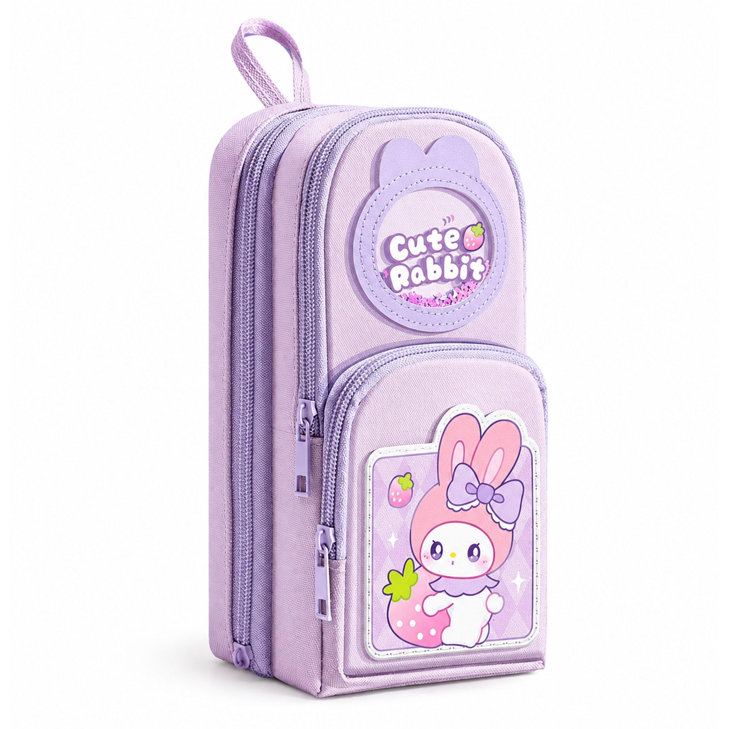 Toyshine Cute Rabbit Design 3 Layer Large Capacity Multipurpose Stationery Zipper Pouch for Kids & Adults, Kawaii Aesthetic Pencil Case Organizer - Purple