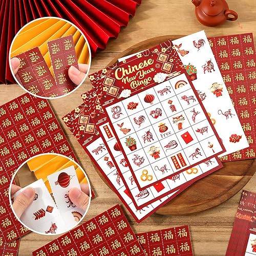Miniatura 4 de PEUTIER Año nuevo chino para juegos de bingo, elementos tradicionales de Año Nuevo chino para tarjetas de bingo, suministros de fiesta de año nuevo