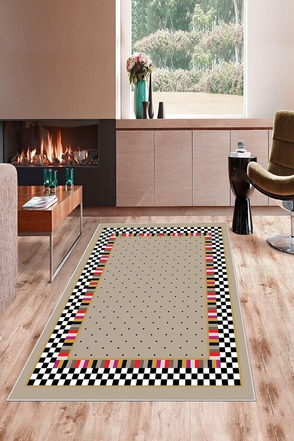 Pelangi Vizon Dama Ve Kilim Desenli Yıkanabilir Kaymaz Taban Leke Tutmaz Modern Salon Halısı Ve Yolluk, Kahve-Renkli 120 x 180, 135831412018005