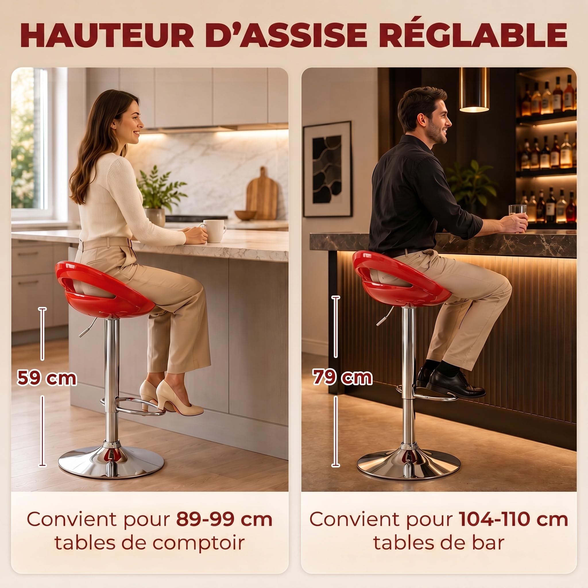 HOMCOM Lot de 2 Tabourets de Bar Réglable en Hauteur 46x41x76-96cm Rouge