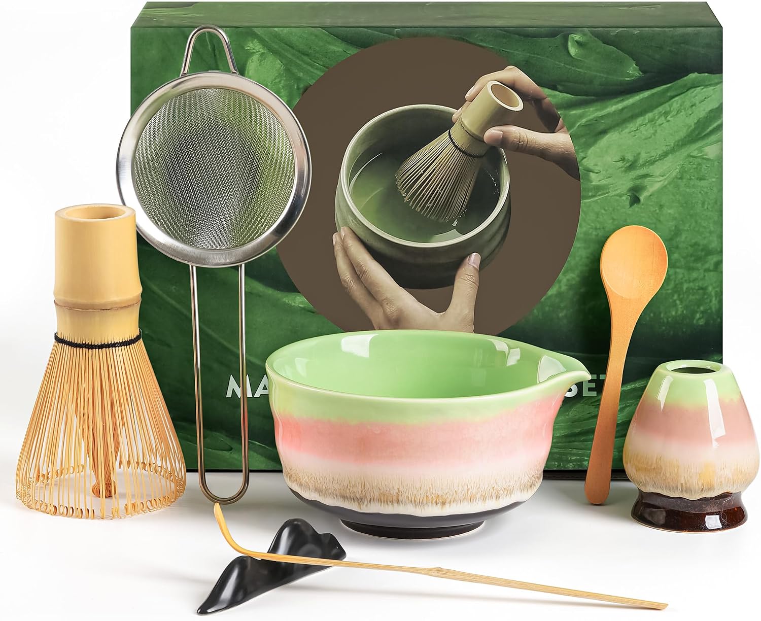 Zestaw Matcha dla początkujących 7-częściowy w tym miska matchy łyżeczka herbaty sito podstawka pod pędzel stojak na pędzel ręcznie robiony zestaw do matcha kolor Matcha