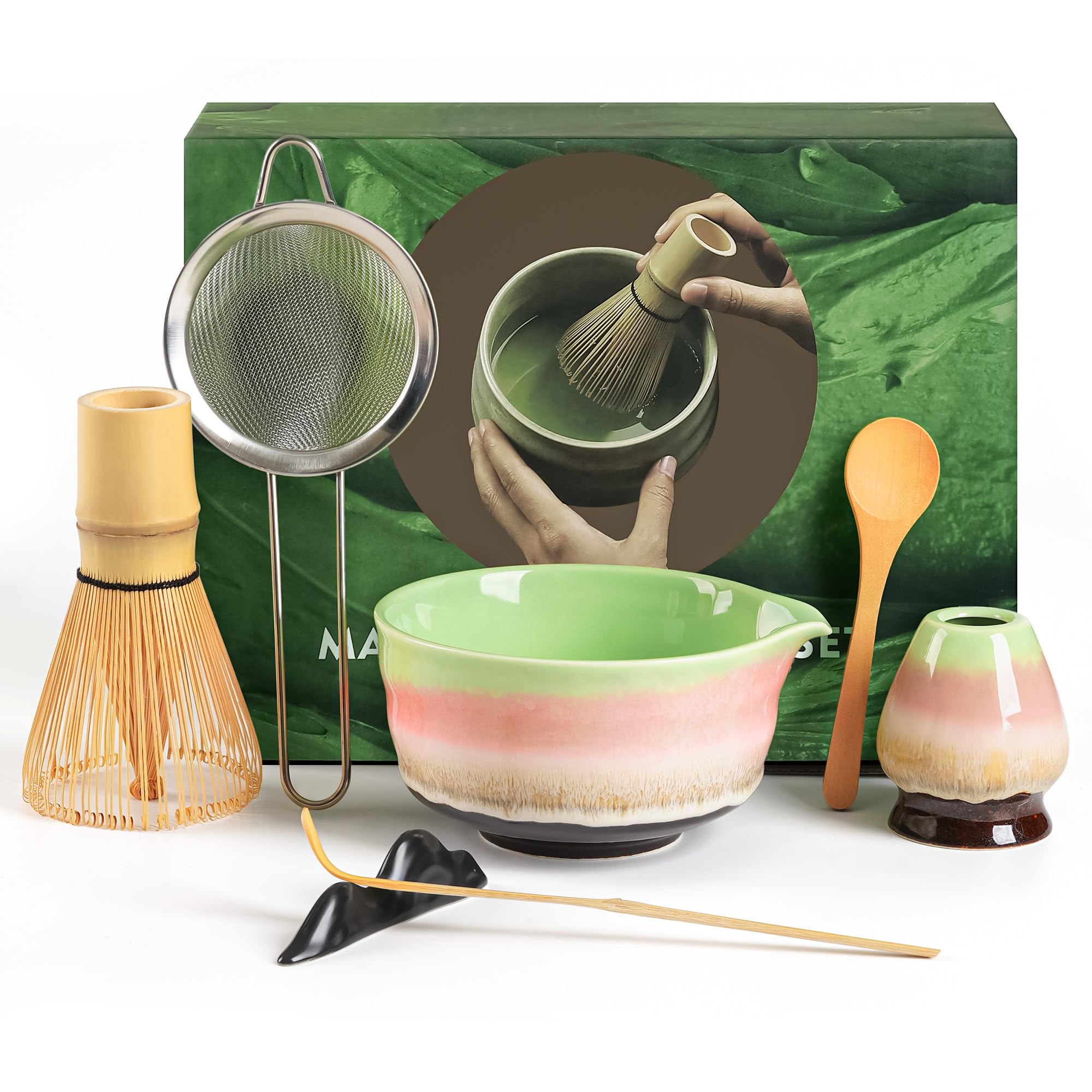 7-delige Japanse Matcha-theeset, matcha-kit met matcha-kom (met schenktuit), matcha garde, gardehouder, zeef - elegante matcha-set voor cadeau en persoonlijk gebruik, geschenkverpakking (Paars