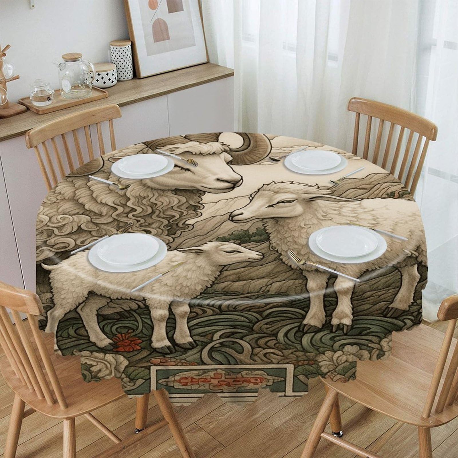 Adfgyerh Style Sheep Pattern Table Cloth Easy To Clean, Home Decor Lace Design, Soft And Comfortable, Round Tablecloth Suitable For Homes, Restaurants, Hotels, Patio Tables, Etc.