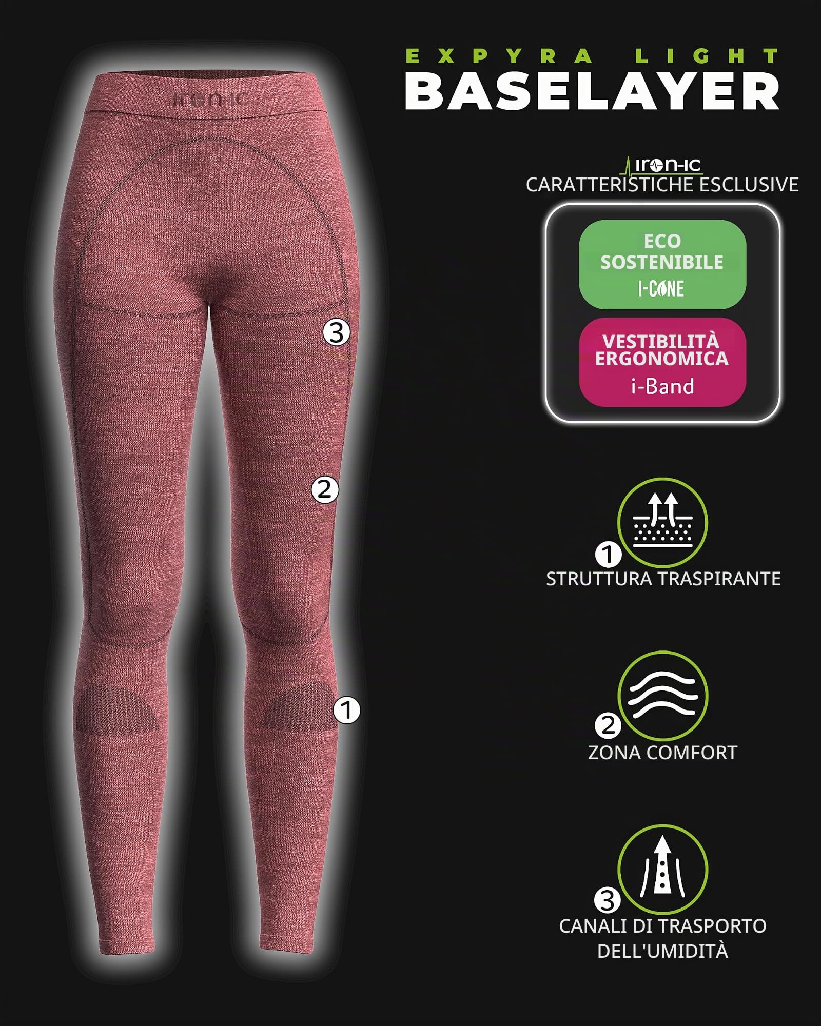 Iron-Ic - Leggings Tecnici Donna Merino 40 Seamless Termoregolanti e Traspiranti EXPYRA Light - Fitting Comfort - Art. 610871